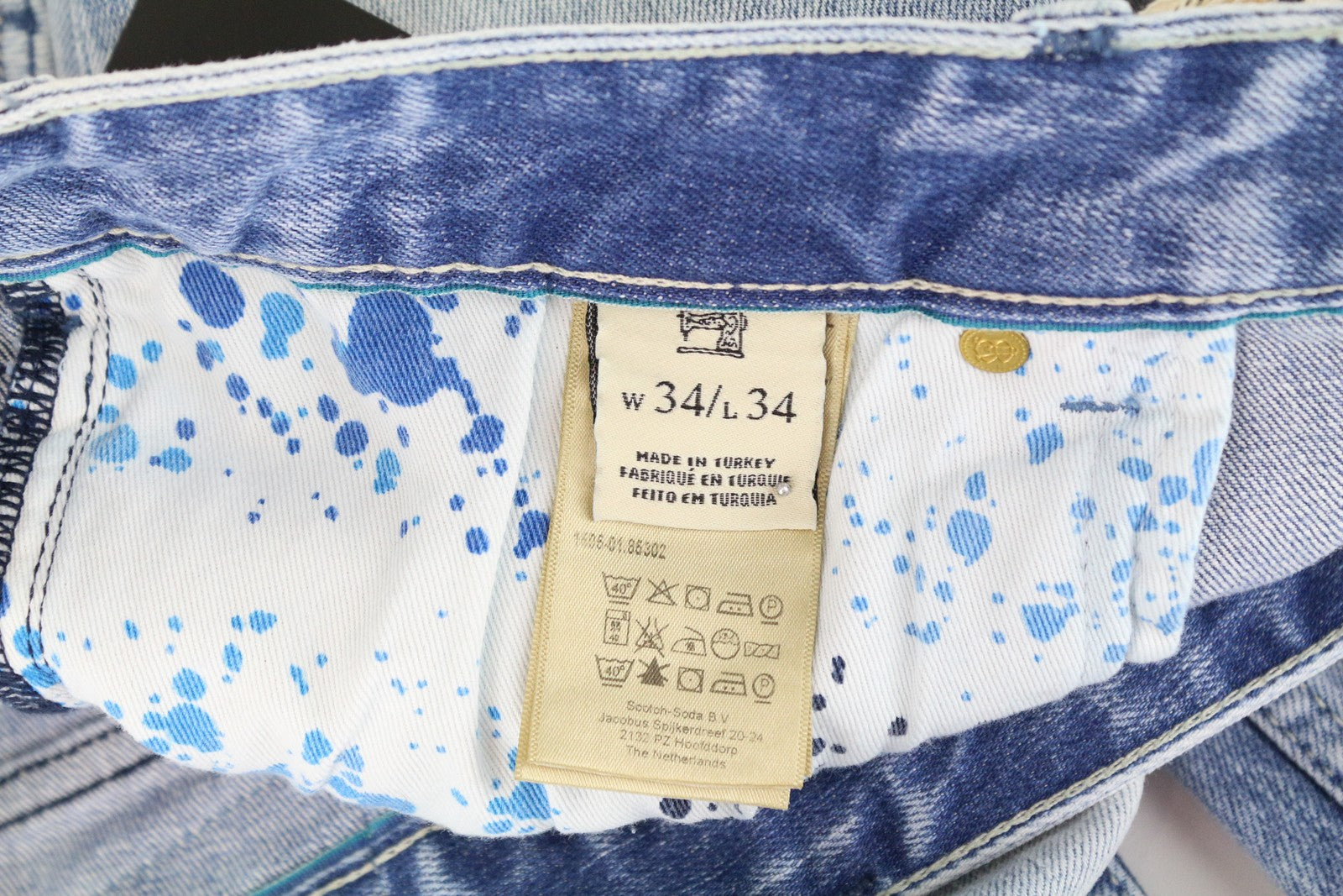 SCOTCH &amp; SODA vyriški skim džinsai W34 L34 mėlyni tamprūs medvilniniai aptempti džinsai skalbinių spalvos 