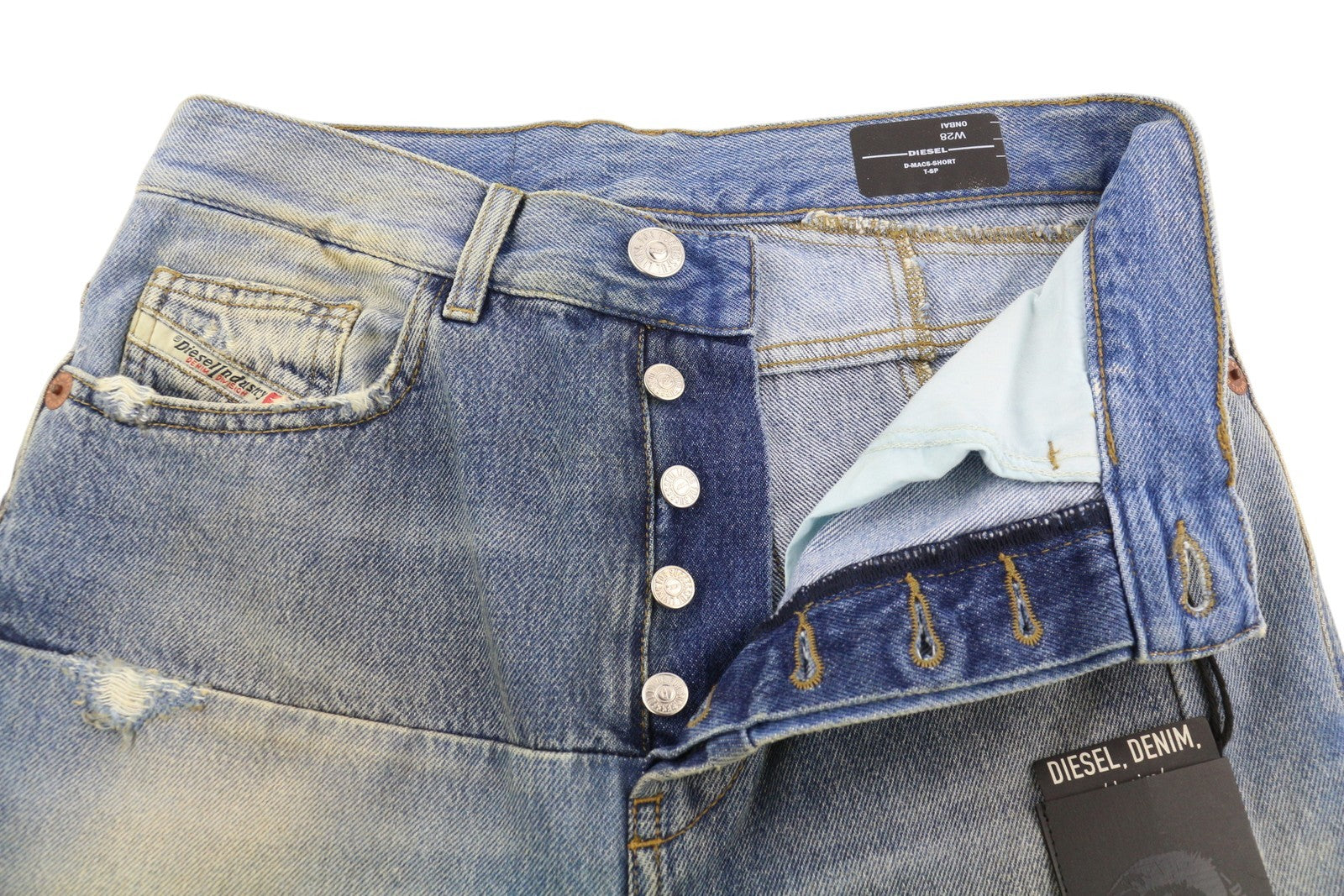 DIESEL D-Macs-Short T-SP 0NBAI vyriški šortai W28 Denim Washed Blue Distress Logo 