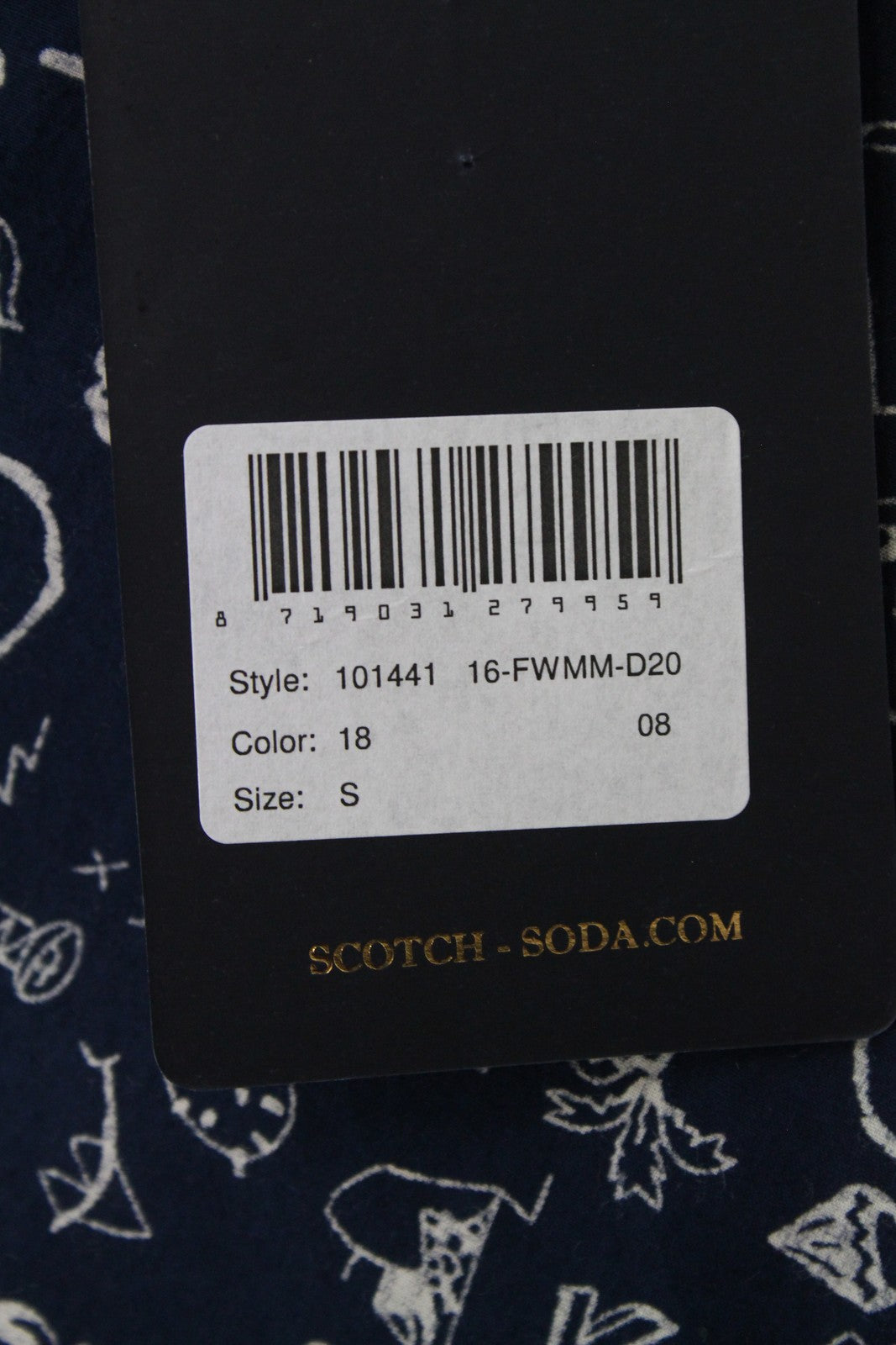 SCOTCH &amp; SODA Ams Couture vyriški S dydžio tamsiai mėlyni raštuoti grynos medvilnės ilgomis rankovėmis marškinėliai