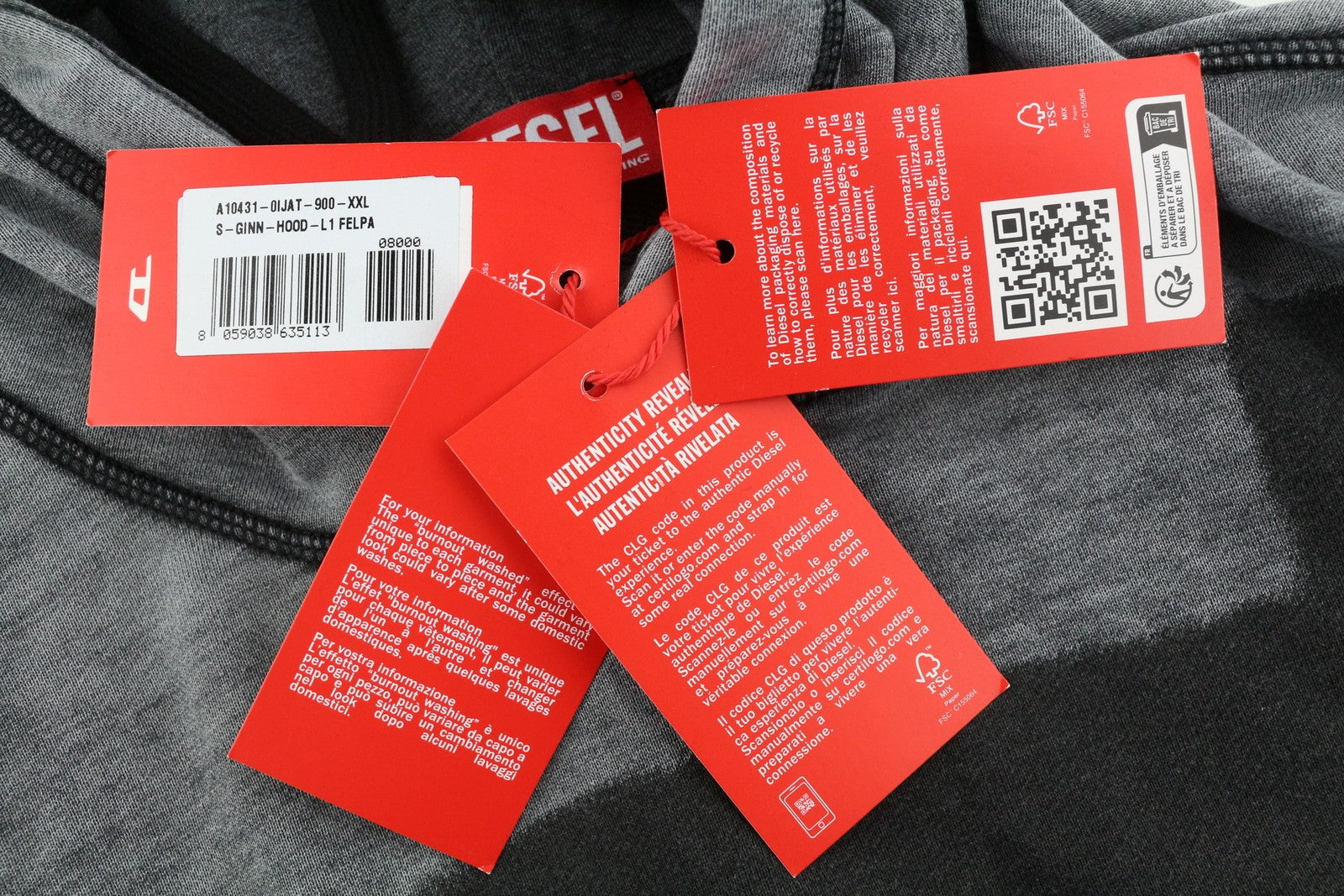 DIESEL S-Ginn-Hood-L1 vyriškas džemperis su gobtuvu, 2XL, pilkas, skalbtas, kengūros spalvos, rekomenduojama kaina – 250 € 