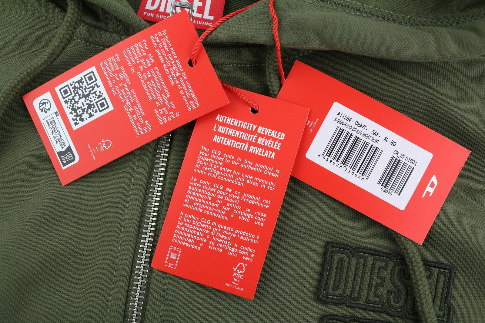 DIESEL S-Ginn-Hood-Zip-K10 vyriškas džemperis su gobtuvu, žalias, su užtrauktuku ir medvilninėmis kišenėmis, rekomenduojama kaina – 160 € 