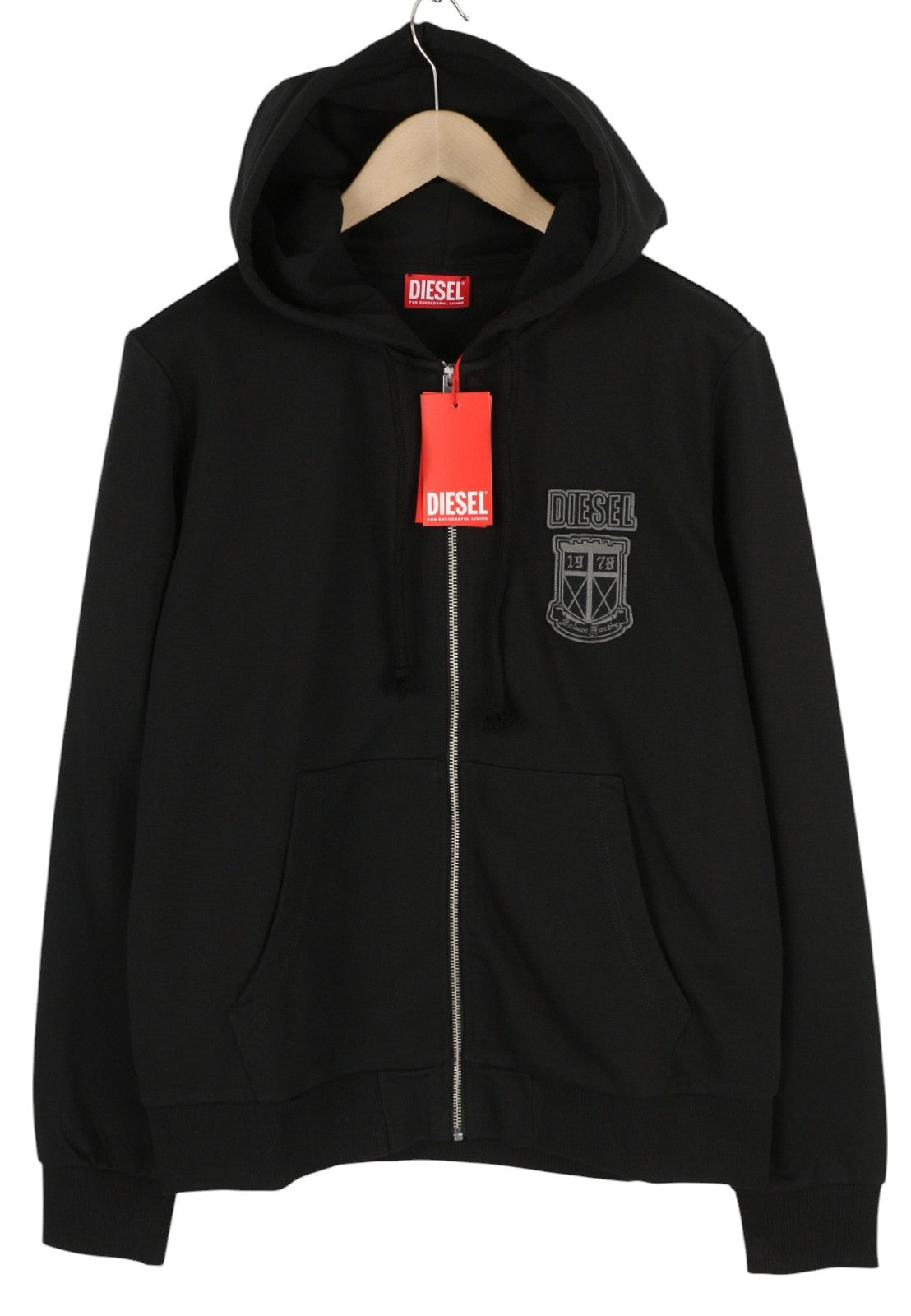 DIESEL S-Ginn-Hood-Zip-K10 vyriškas džemperis su gobtuvu, XL dydžio, juodas, su užtrauktuku ir medvilninėmis kišenėmis, rekomenduojama kaina – 160 € 