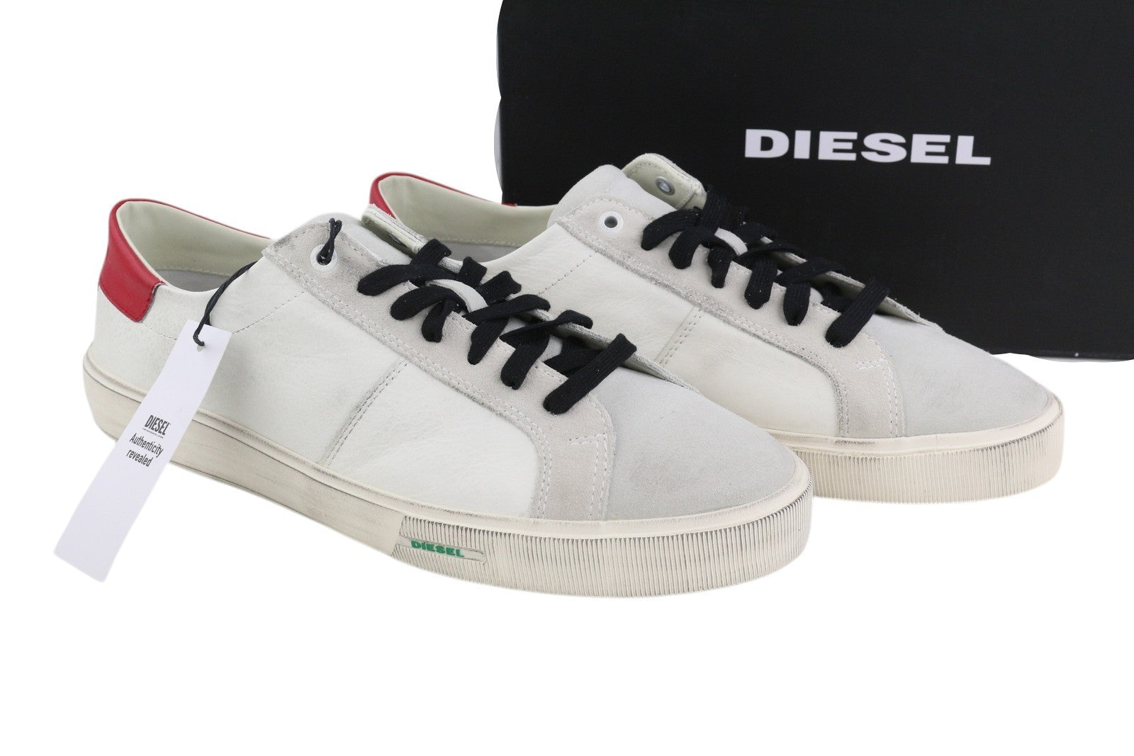 DIESEL S-Mydori Lc vyriški sportbačiai, balti, odiniai, migdolų spalvos nosys, suvarstyti, RRP 200 € 