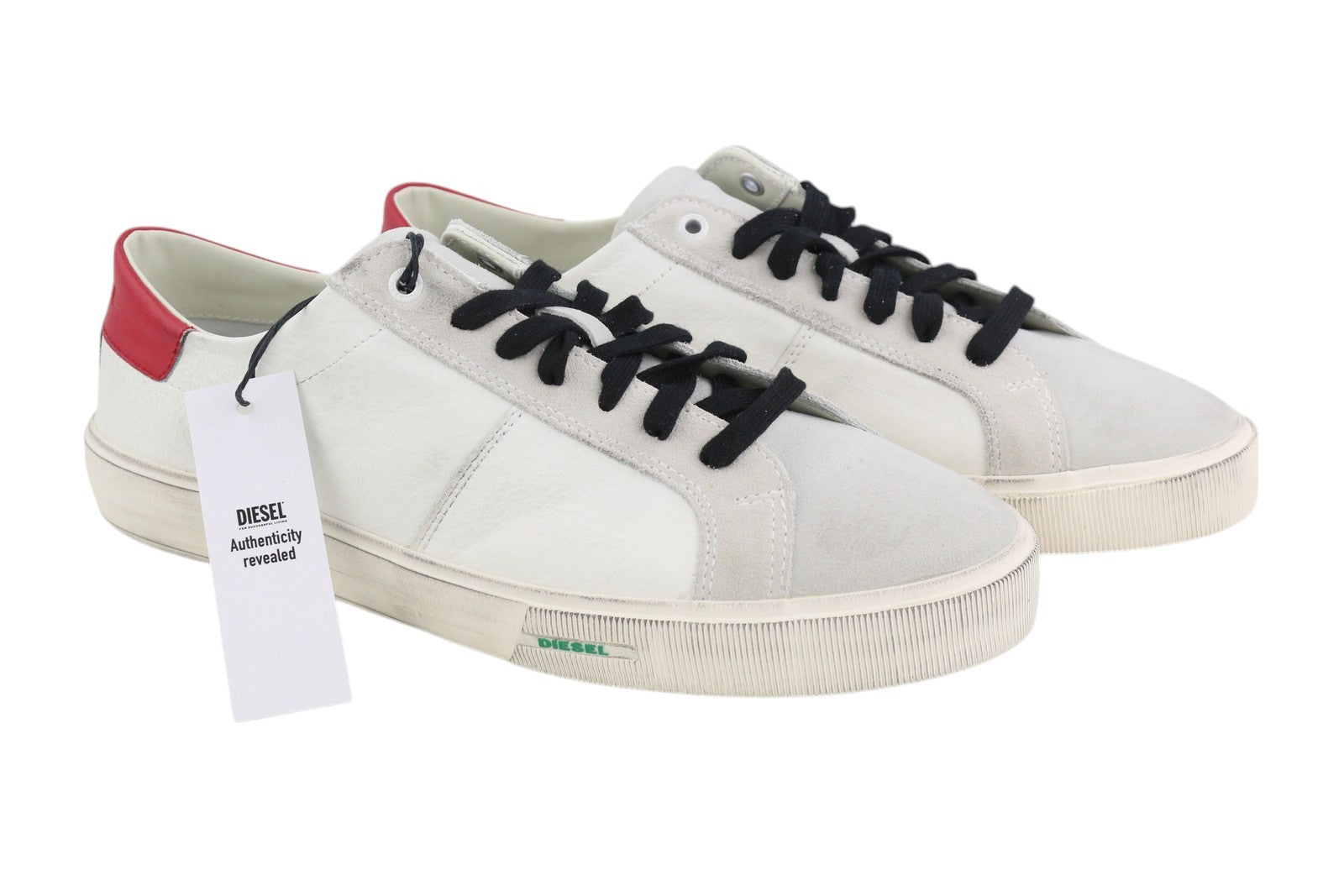 DIESEL S-Mydori Lc vyriški sportbačiai, balti, odiniai, migdolų spalvos nosys, suvarstyti, RRP 200 € 