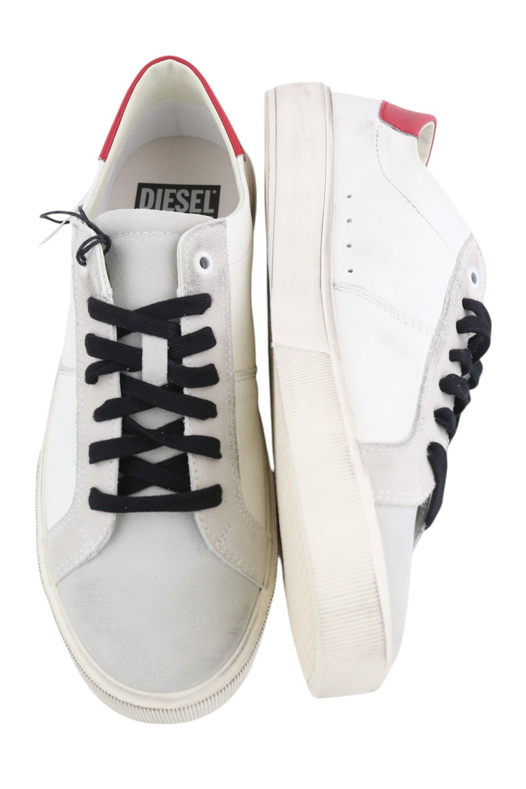 DIESEL S-Mydori Lc vyriški sportbačiai, balti, odiniai, migdolų spalvos nosys, suvarstyti, RRP 200 € 