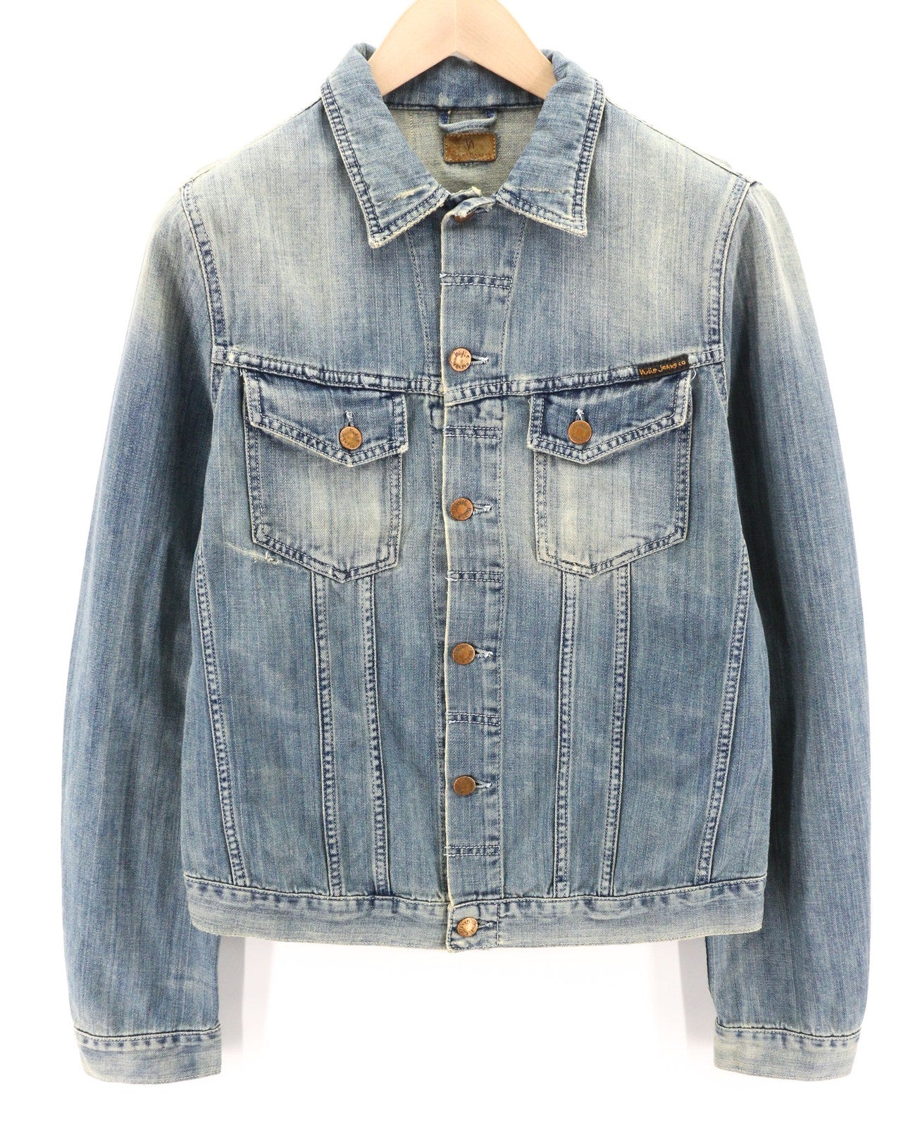 NUDIE JEANS Billy vyriška striukė M, džinsinio audinio, šviesių atspalvių, sagomis, sendinto stiliaus, mėlyna, su logotipu 