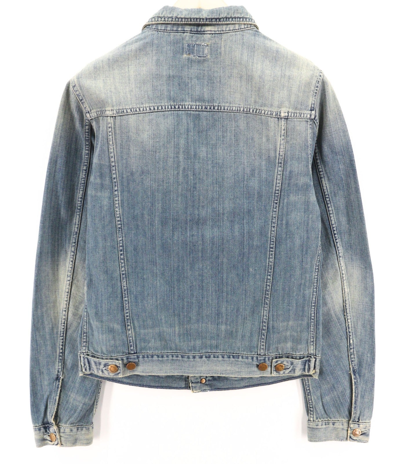 NUDIE JEANS Billy vyriška striukė M, džinsinio audinio, šviesių atspalvių, sagomis, sendinto stiliaus, mėlyna, su logotipu 