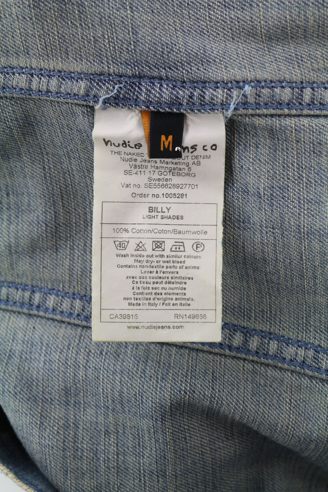 NUDIE JEANS Billy vyriška striukė M, džinsinio audinio, šviesių atspalvių, sagomis, sendinto stiliaus, mėlyna, su logotipu 