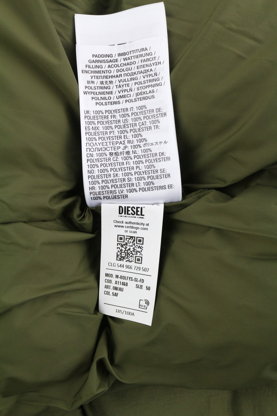 DIESEL W-Rolfys-SL-FD vyriška liemenė, 50 l, chaki spalvos, su nuimamu gobtuvu, pašiltinta, RRP 275 € 