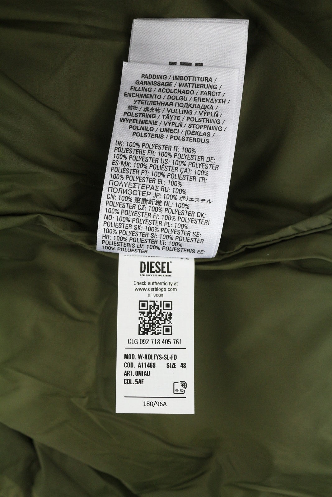 DIESEL W-Rolfys-SL-FD vyriška liemenė, 48 m, chaki spalvos, su nuimamu gobtuvu, pašiltinta, RRP 275 € 