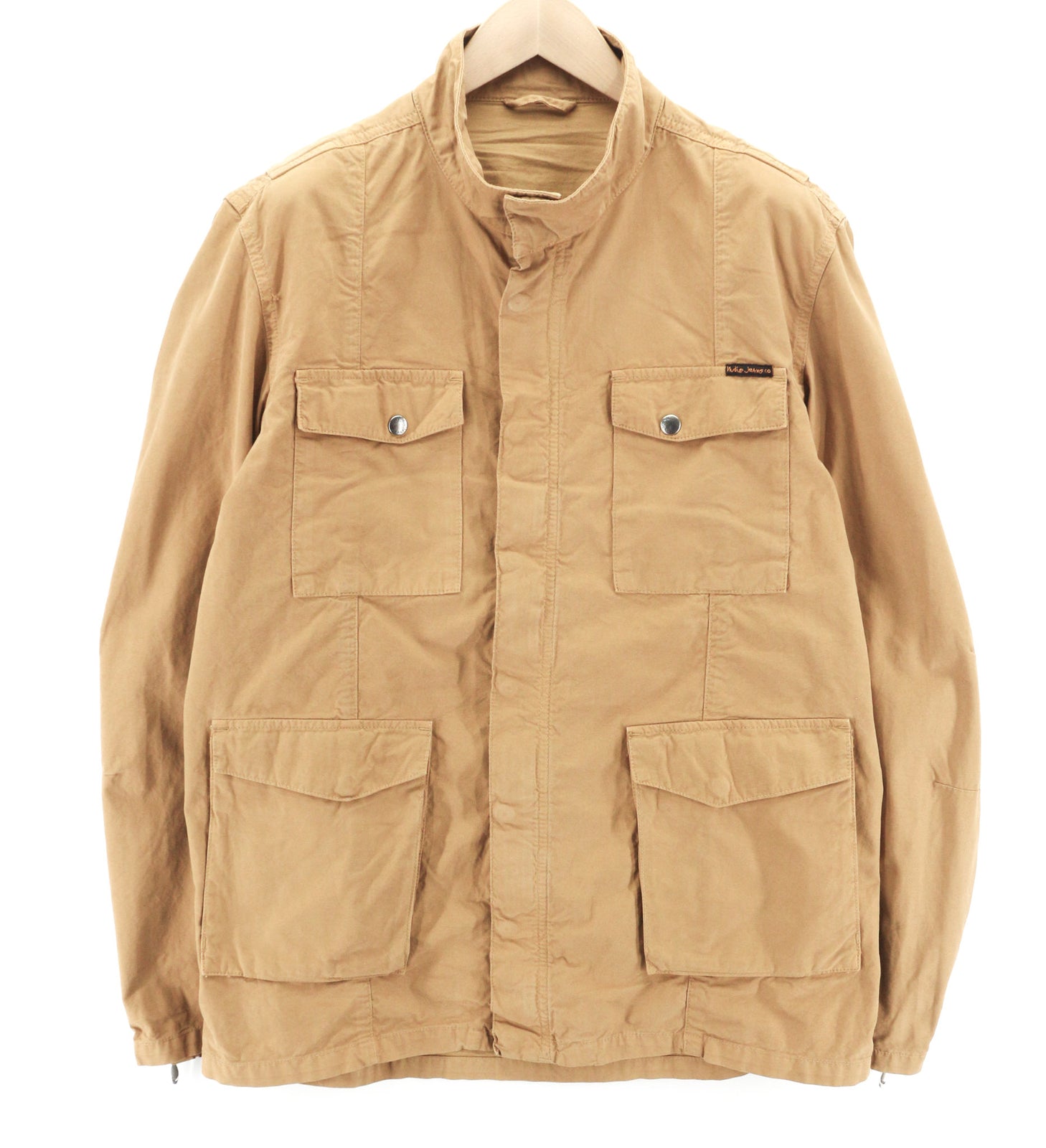 NUDIE JEANS Mick vyriška striukė XL dydžio ruda, su uždėtinėmis kišenėmis, užtrauktuku ir be pamušalo, su užtrauktuku ir rankogaliais. Logotipas. 