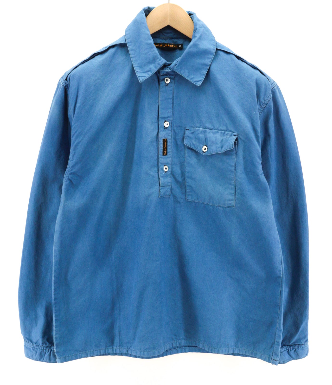 NUDIE JEANS Guado vyriški marškinėliai M išplatėjimo sagų kaklo iškirpte, kišene su logotipu, mėlyni megztiniai 