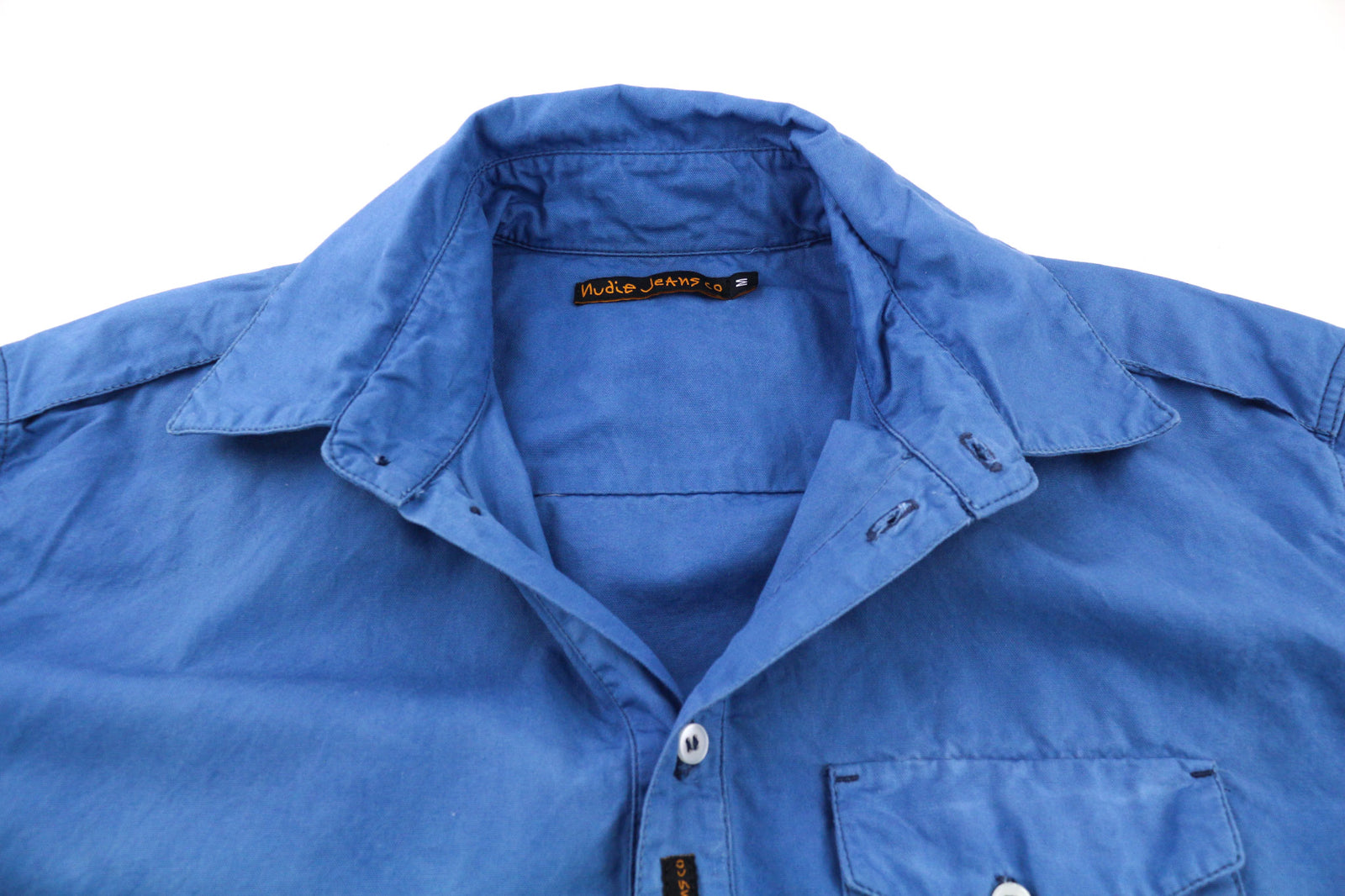 NUDIE JEANS Guado vyriški marškinėliai M išplatėjimo sagų kaklo iškirpte, kišene su logotipu, mėlyni megztiniai 