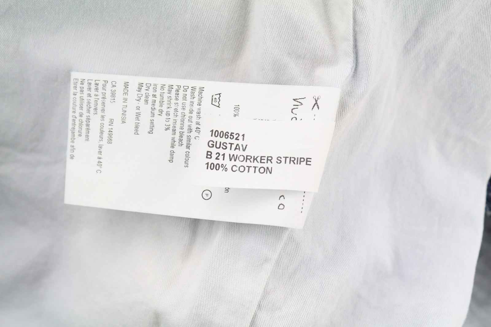 NUDIE JEANS Gustav vyriška liemenė M su dryžuota džinsinio audinio imitacija, mėlyna, su sagomis ir pamušalu. 