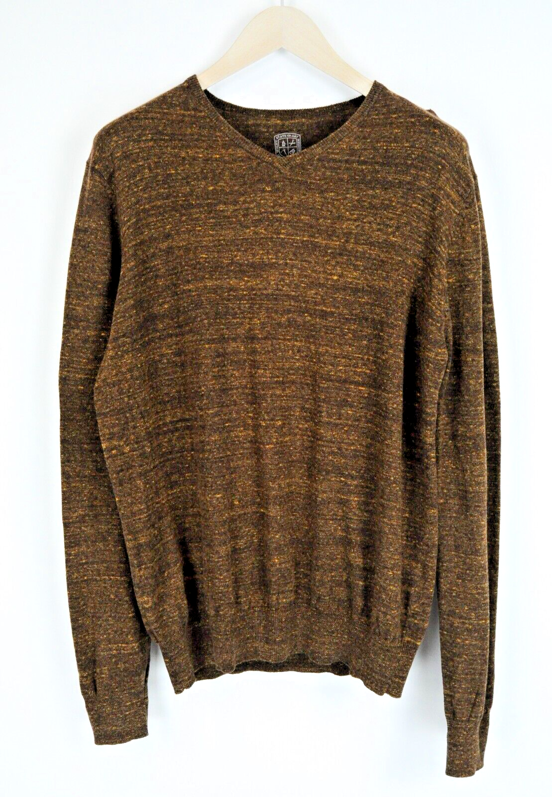 „STATE OF ART“ vyriškas L dydžio rudas medvilninis lininis megztinis su V formos iškirpte ilgomis rankovėmis 