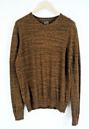 „STATE OF ART“ vyriškas L dydžio rudas medvilninis lininis megztinis su V formos iškirpte ilgomis rankovėmis 