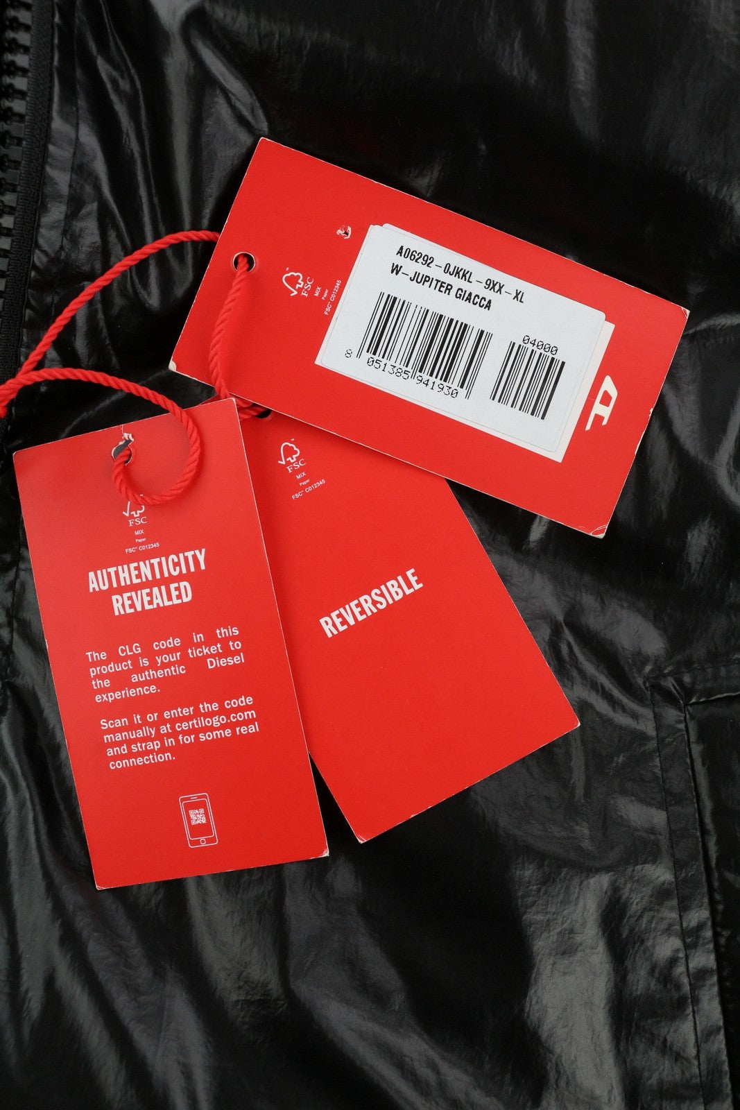 DIESEL W-Jupiter vyriška striukė XL, juoda, dvipusė, blizganti, izoliuota, RRP 495 € 