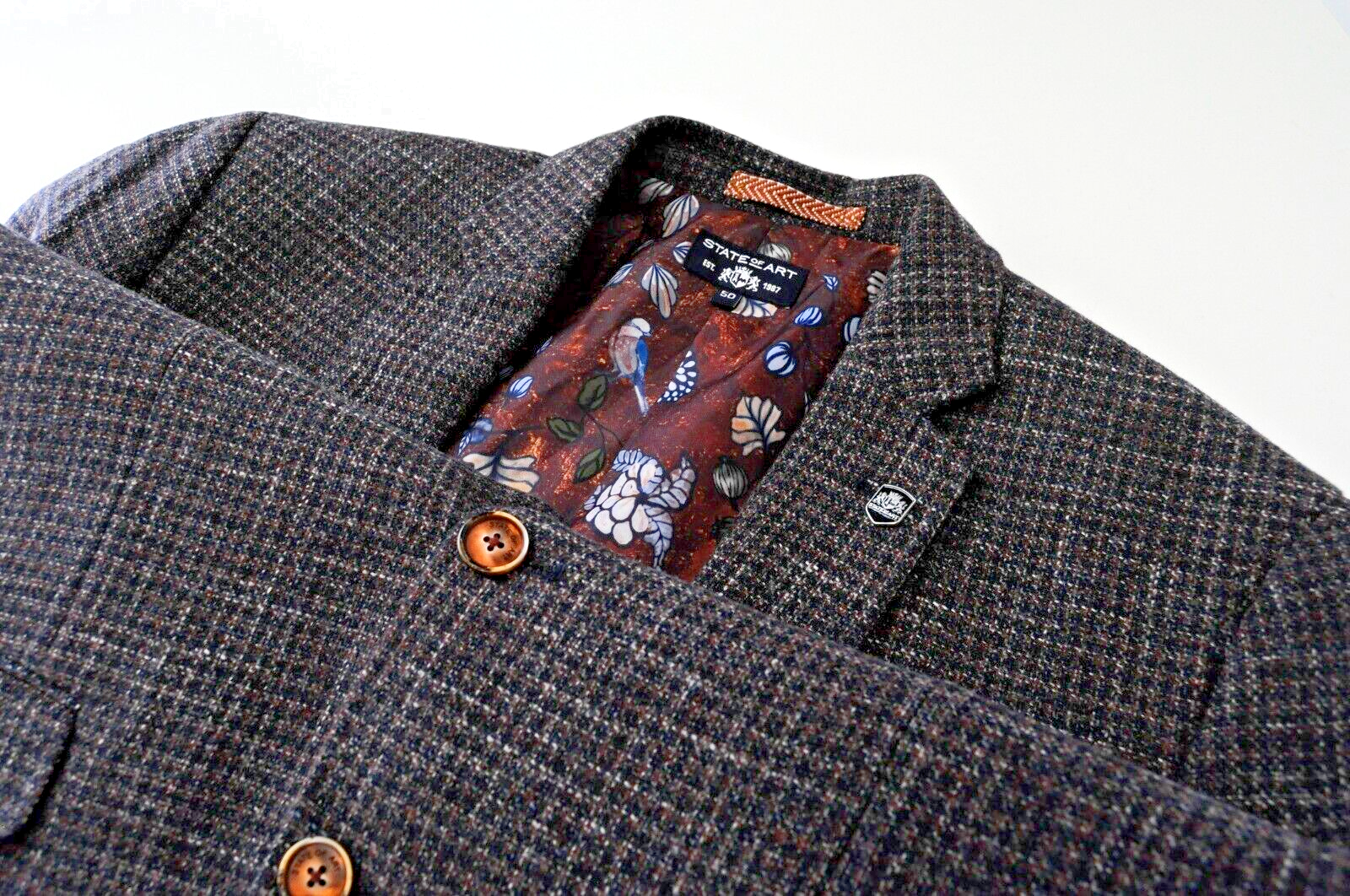 „STATE OF ART“ vyriškas 50 rudos ir tamsiai mėlynos spalvos klasikinis vieneilis švarkas iš medvilninės vilnos 