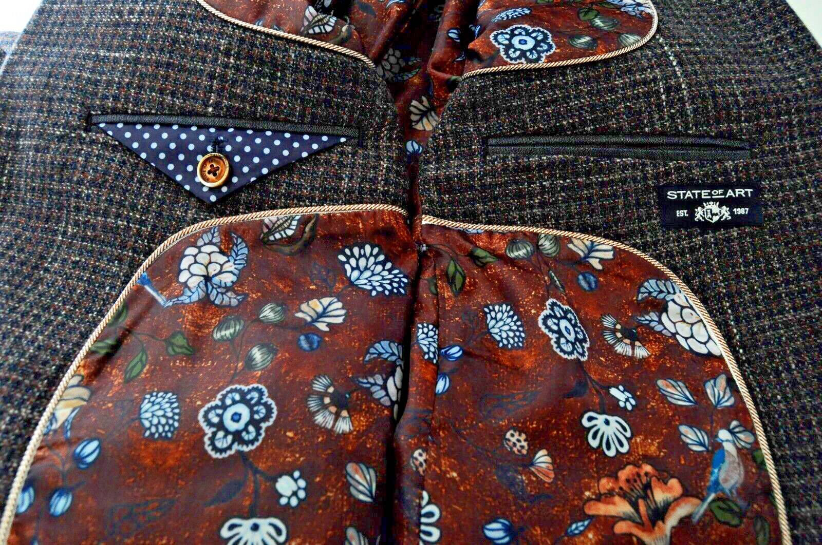 „STATE OF ART“ vyriškas 50 rudos ir tamsiai mėlynos spalvos klasikinis vieneilis švarkas iš medvilninės vilnos 