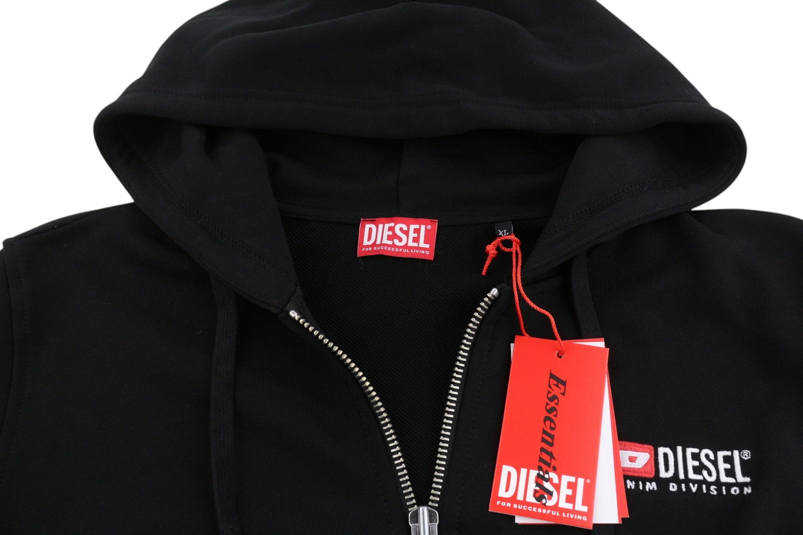DIESEL S-Ginn-Hood-Zip-Div vyriškas džemperis su gobtuvu, XL dydžio, juodas, su užtrauktuku ir medvilninėmis kišenėmis, rekomenduojama kaina – 185 € 
