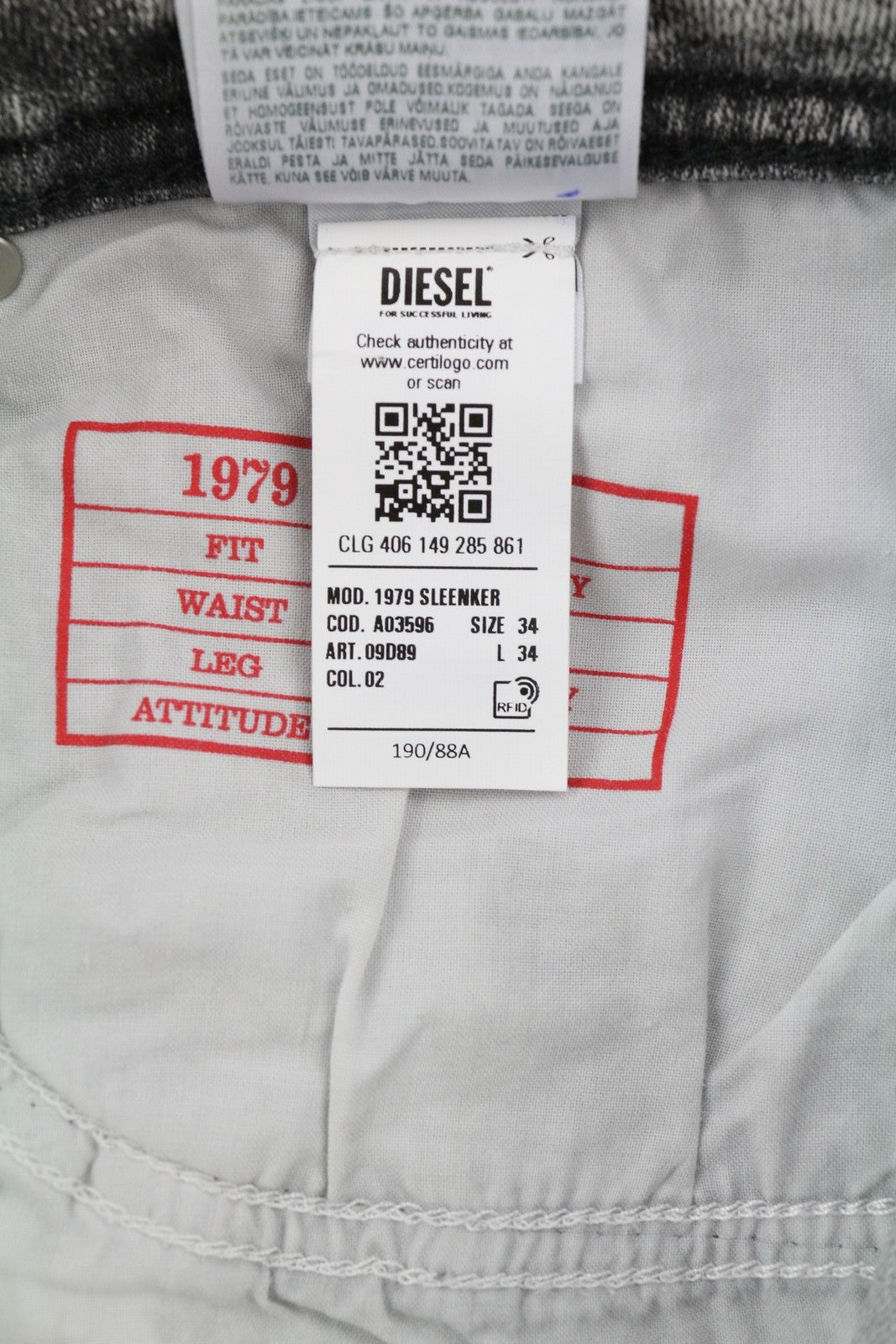 Rekomenduojama mažmeninė kaina 195 € DIESEL 1979 Sleenker 09D89 vyriški džinsai W34/L34 tamprūs, aptempti, pilki 