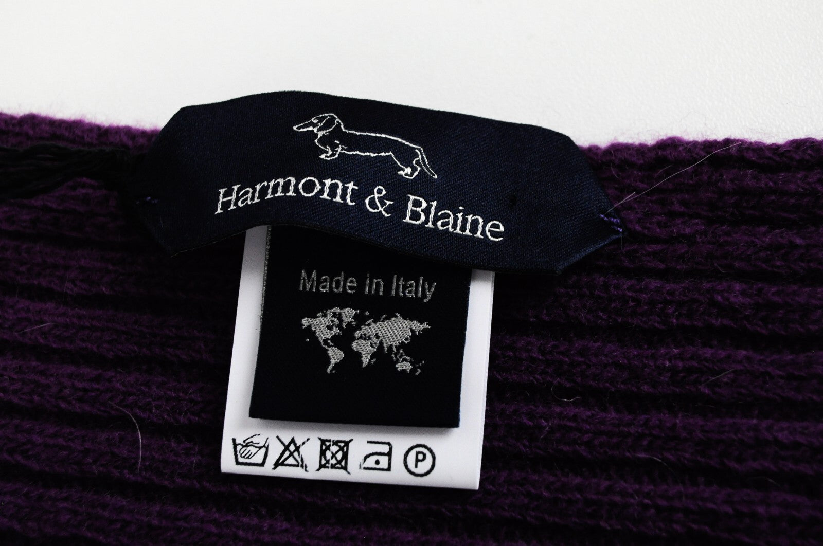 HARMONT &amp; BLAINE vyriškas violetinis vilnonis laisvalaikio megztas šalikas su logotipu ir unisex 