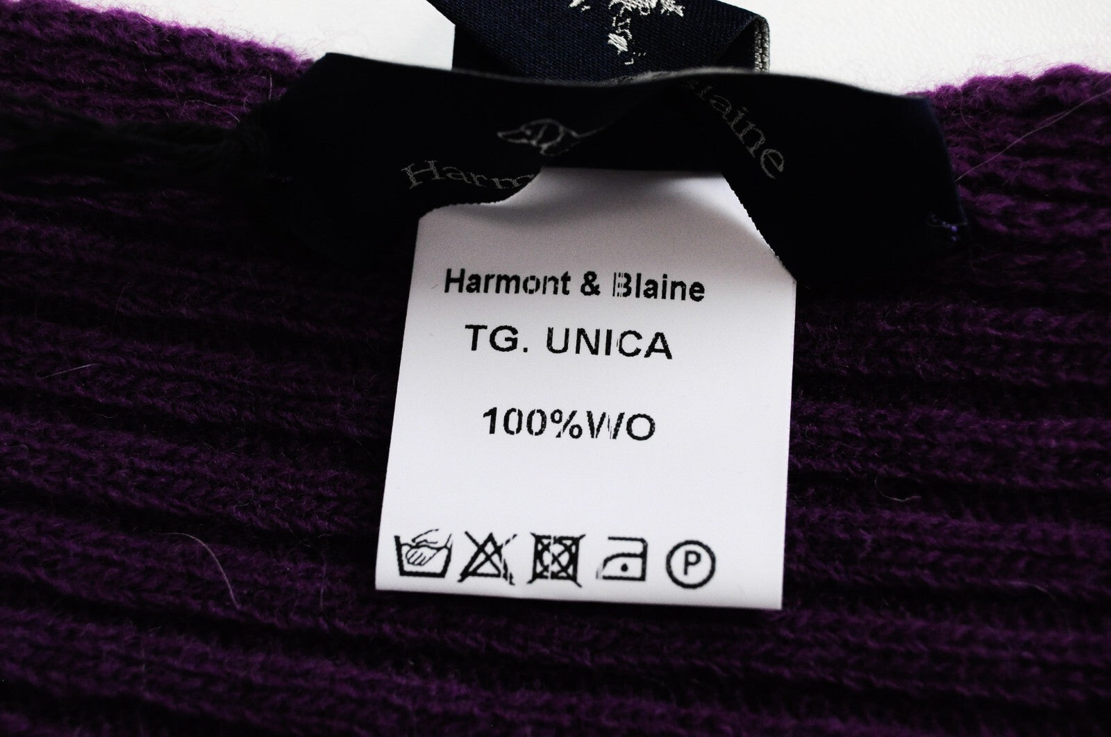 HARMONT &amp; BLAINE vyriškas violetinis vilnonis laisvalaikio megztas šalikas su logotipu ir unisex 