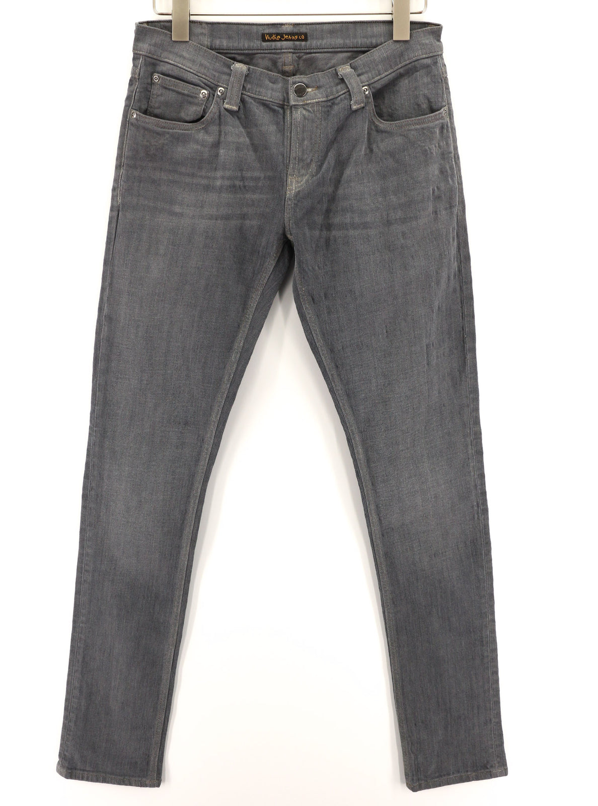 NUDIE JEANS aptempti ilgi vyriški džinsai W31/L34 organinės anglies spalvos, ploni, užtrauktuku 