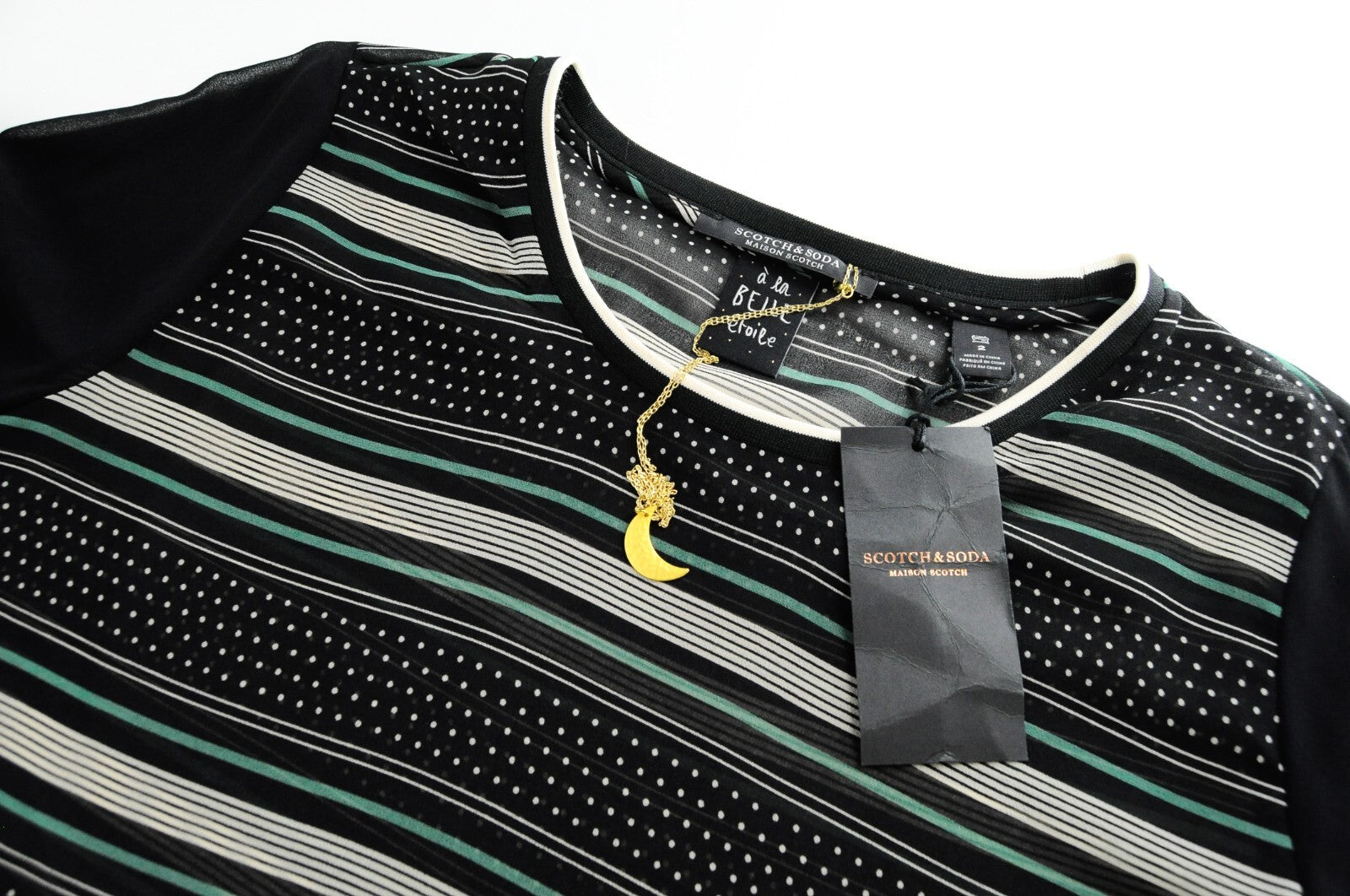 MAISON SCOTCH moteriški marškinėliai M su lengvu dryžuotu apvaliu kaklu, juodi melanžo spalvos 