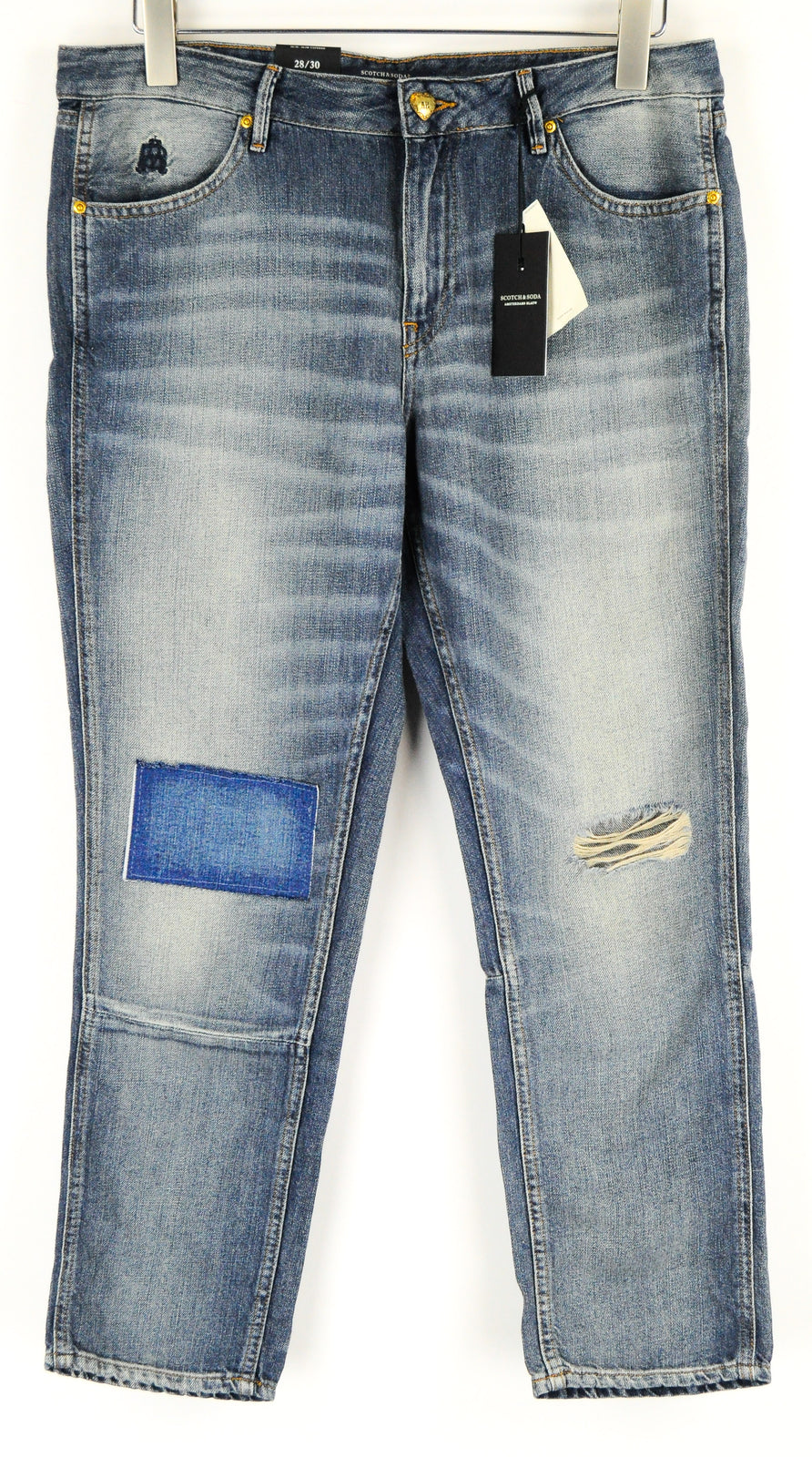 „SCOTCH &amp; SODA Bandit“ moteriški džinsai W28/L30 Slim Tapered medvilniniai lininiai džinsai, mėlyni, plėšyti 