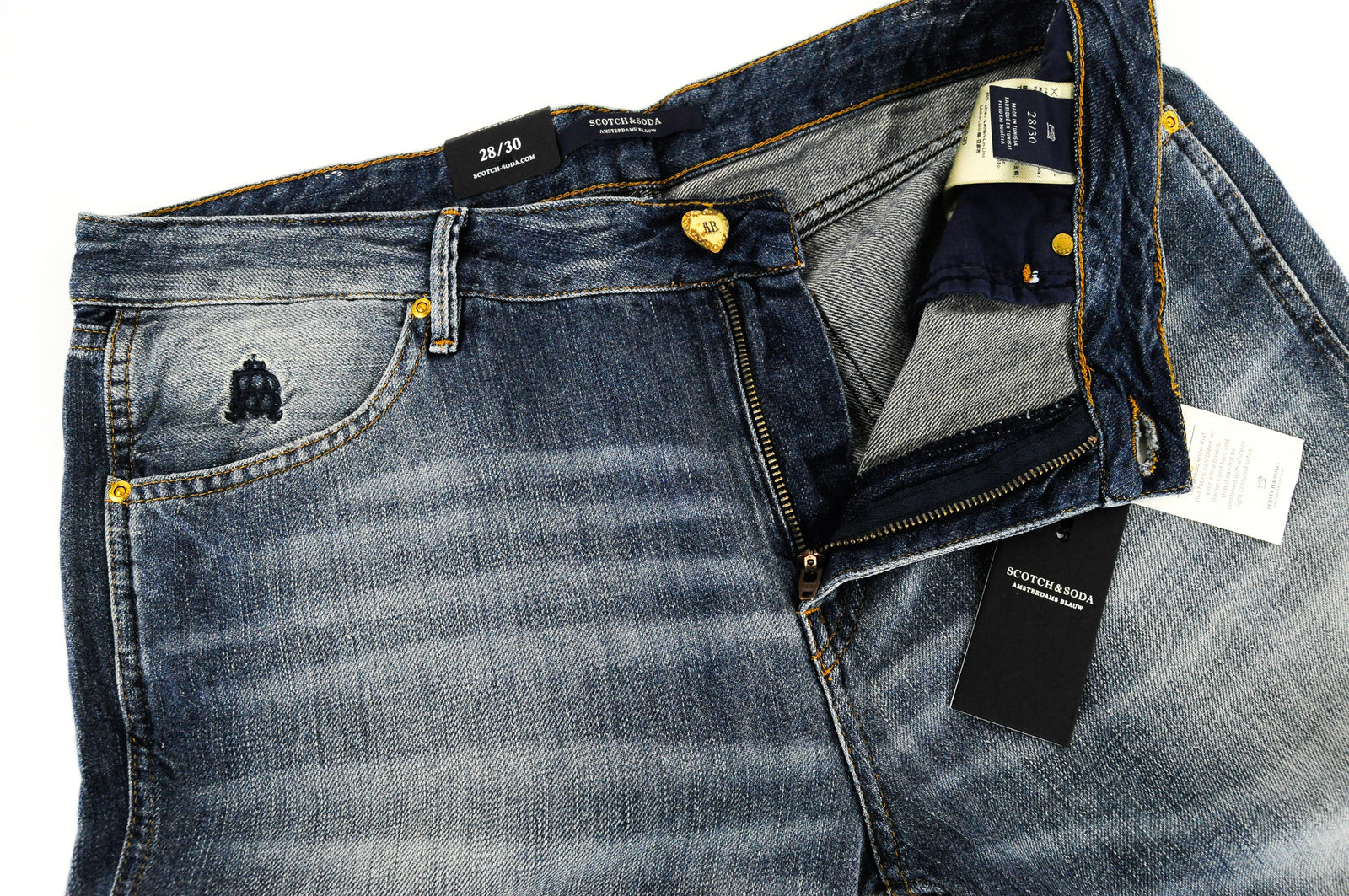 „SCOTCH &amp; SODA Bandit“ moteriški džinsai W28/L30 Slim Tapered medvilniniai lininiai džinsai, mėlyni, plėšyti 