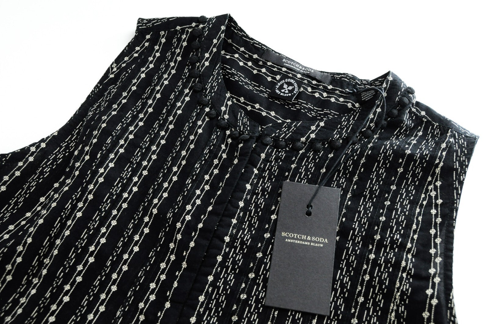 SCOTCH & SODA Women Black Tank Top S Sleeveless Melange Tiered Pom Poms Print