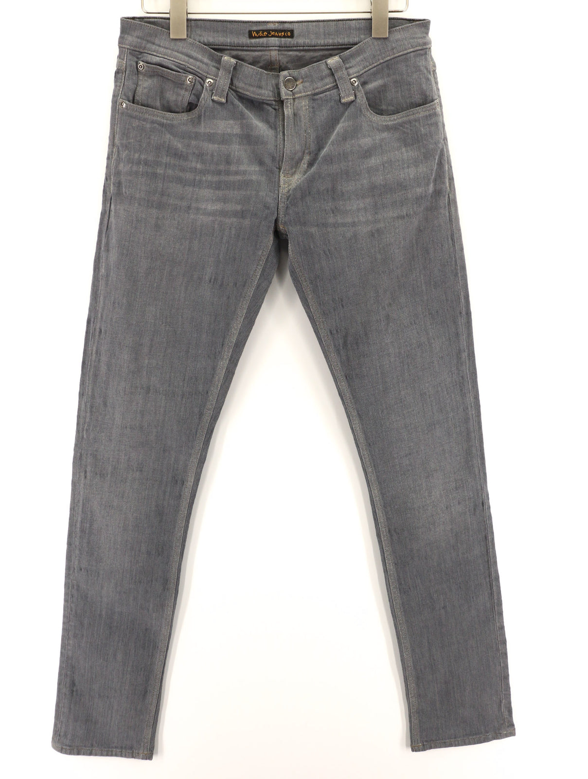 NUDIE JEANS aptempti ilgi vyriški džinsai W32/L34 organinės anglies spalvos ploni plautos pilkos spalvos 