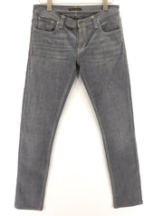 NUDIE JEANS aptempti ilgi vyriški džinsai W32/L34 organinės anglies spalvos ploni plautos pilkos spalvos 