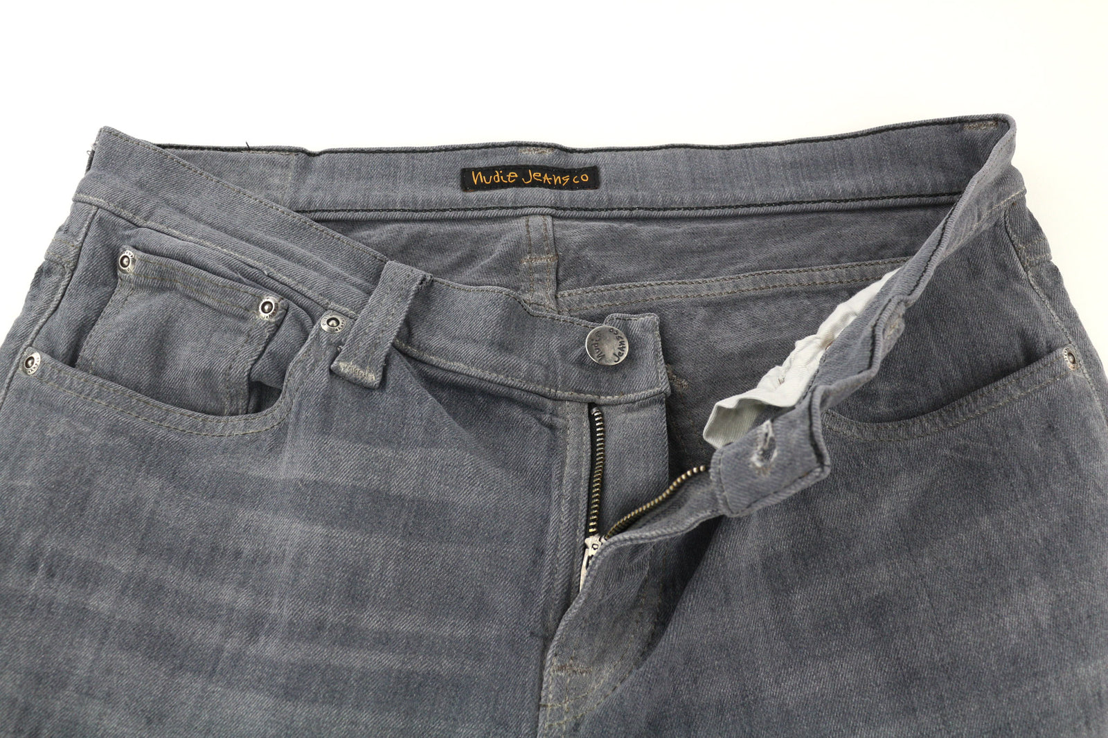 NUDIE JEANS aptempti ilgi vyriški džinsai W32/L34 organinės anglies spalvos ploni plautos pilkos spalvos 