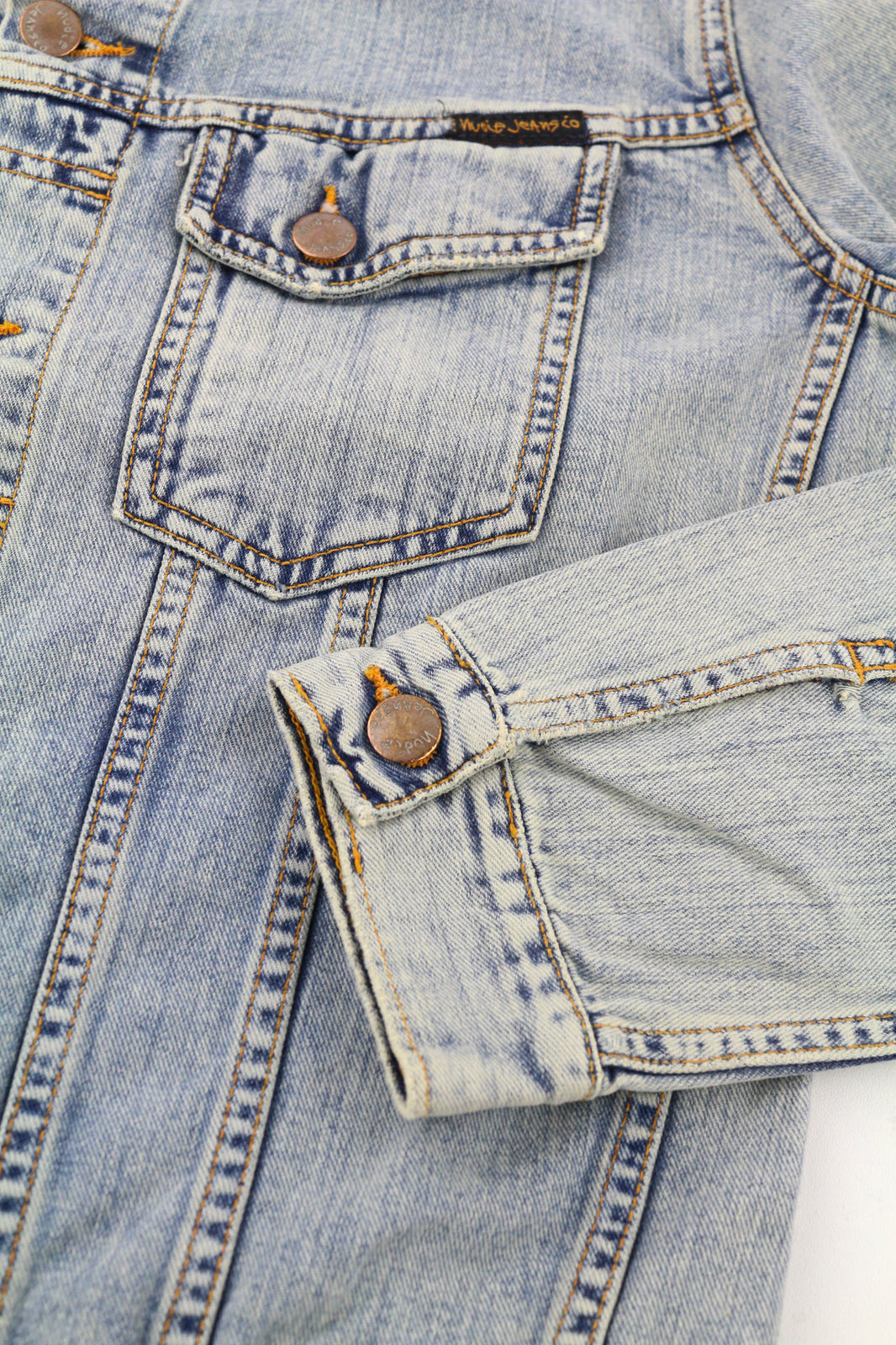 NUDIE JEANS Terry Men Jacket S Denim Bleach Blue Washed Spread Neck Buttoned