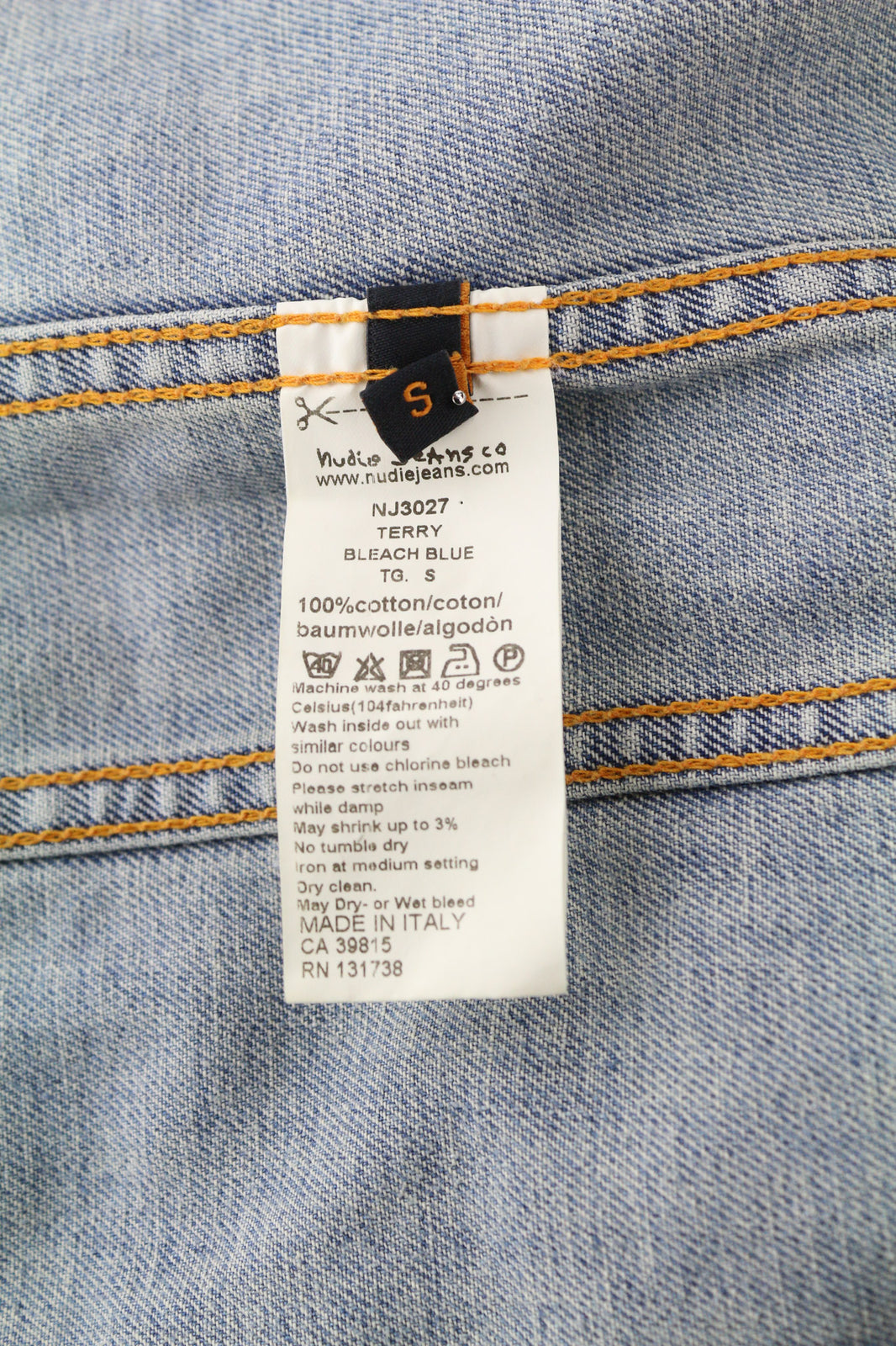 NUDIE JEANS Terry Men Jacket S Denim Bleach Blue Washed Spread Neck Buttoned