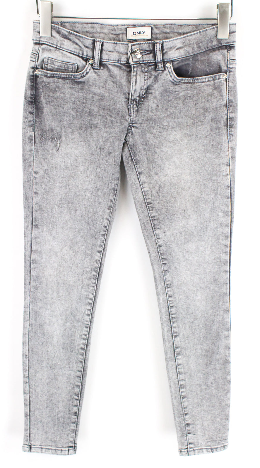 ONLY „Coral Life“ moteriški džinsai W27/L28 pilki, apdriskę, ploni, aptempti, žemo juosmens. 