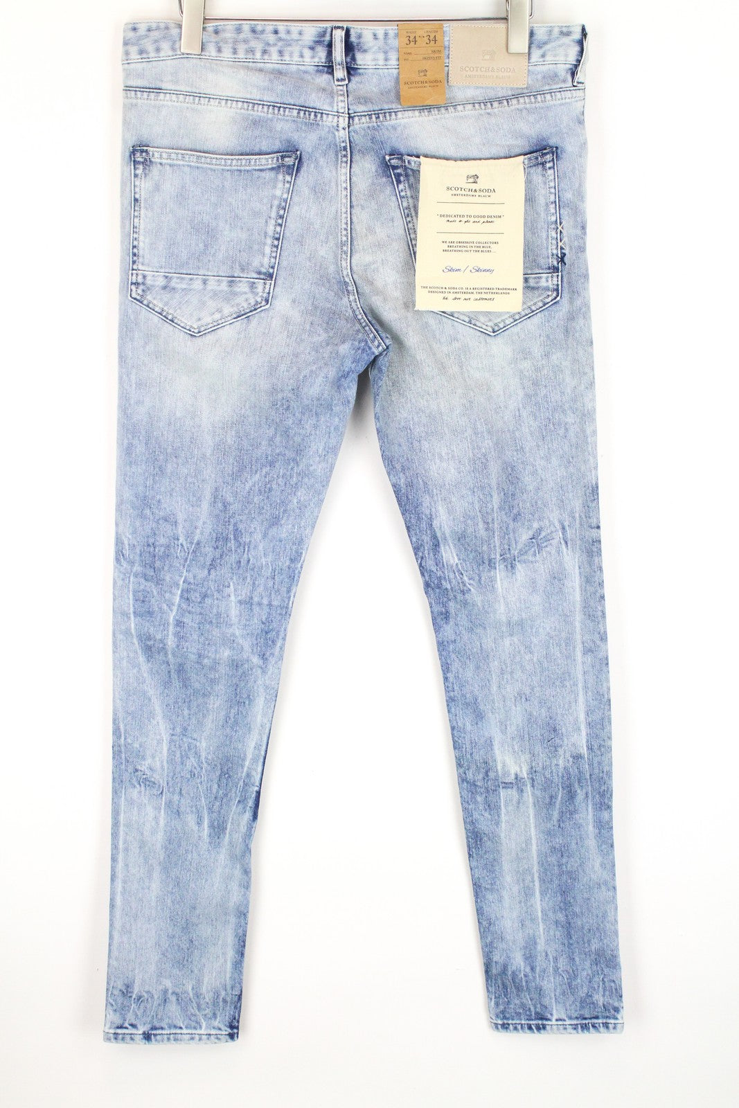 SCOTCH &amp; SODA Skim vyriški džinsai W34/L34 skalbtos, aptemptos, mėlynos spalvos, tamprios medvilnės džinsinės kelnės 