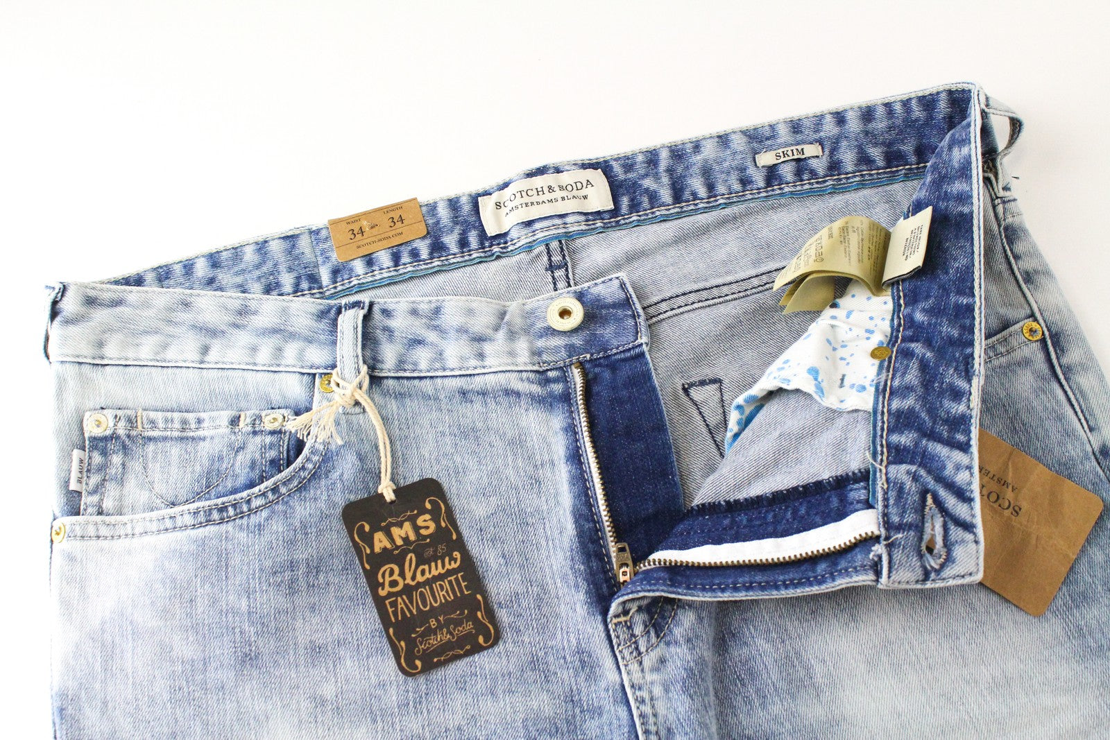 SCOTCH &amp; SODA Skim vyriški džinsai W34/L34 skalbtos, aptemptos, mėlynos spalvos, tamprios medvilnės džinsinės kelnės 