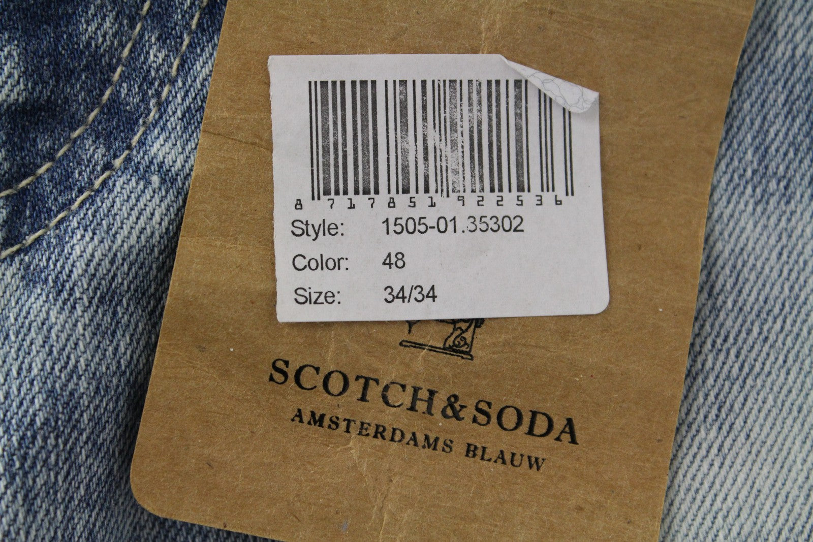SCOTCH &amp; SODA Skim vyriški džinsai W34/L34 skalbtos, aptemptos, mėlynos spalvos, tamprios medvilnės džinsinės kelnės 