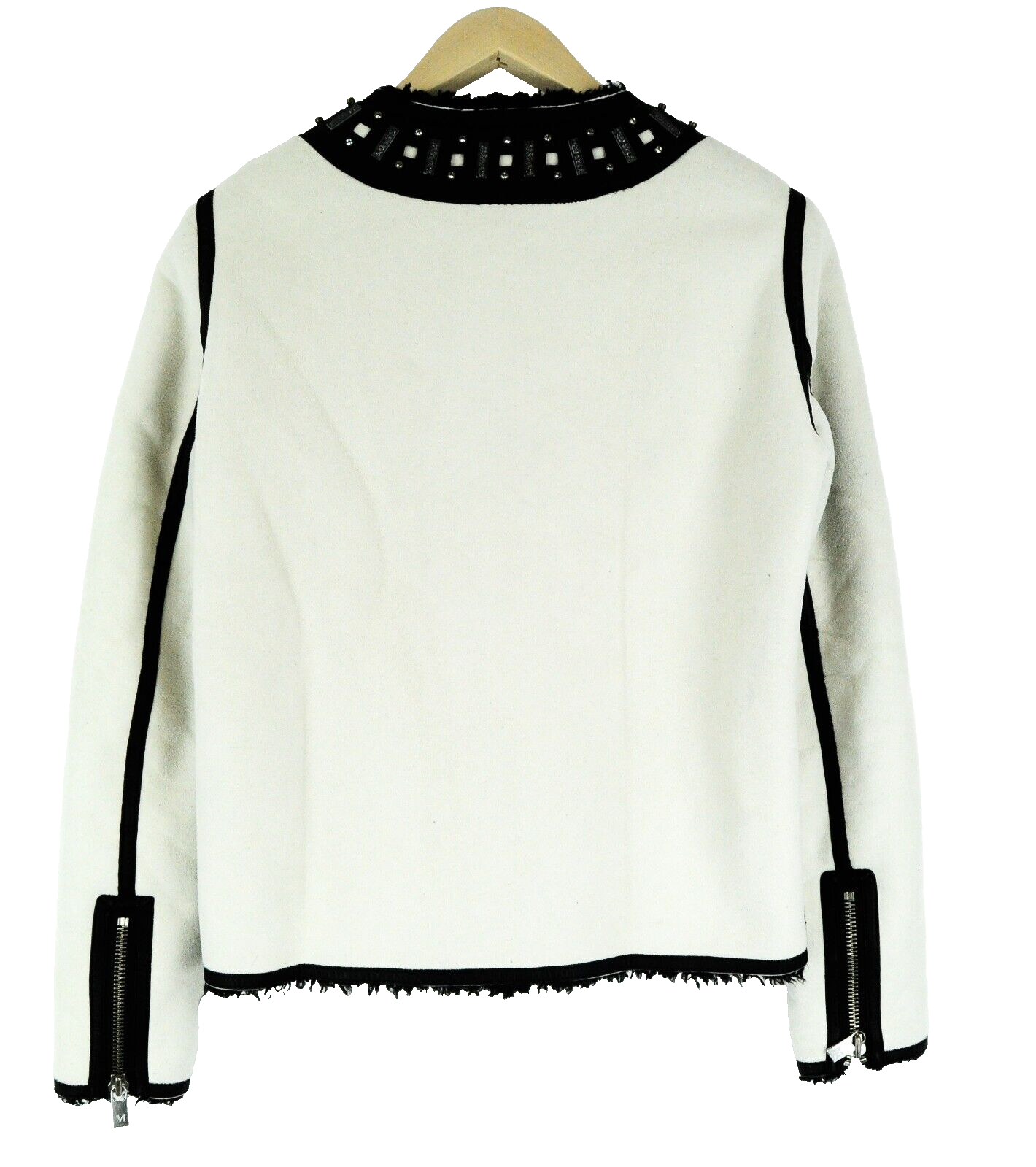 MAISON SCOTCH moteriškas švarkas S, dirbtinės odos, zomšos, balkšvas, trumpas, su dirbtinio kailio dygliais 