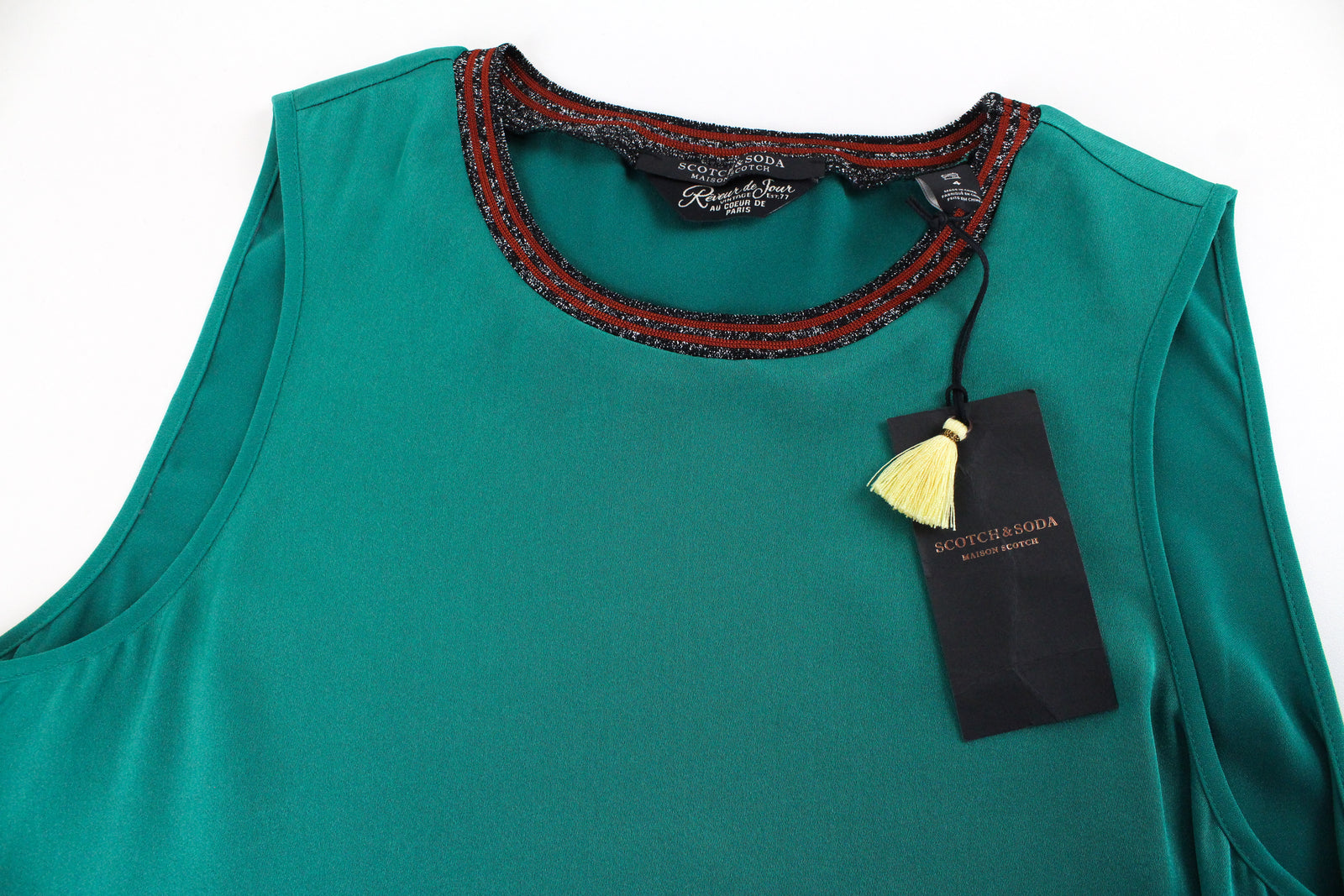 MAISON SCOTCH Women Top XL Blouse Parakeet Green Glitter Crew Neck Lurex Trimmed
