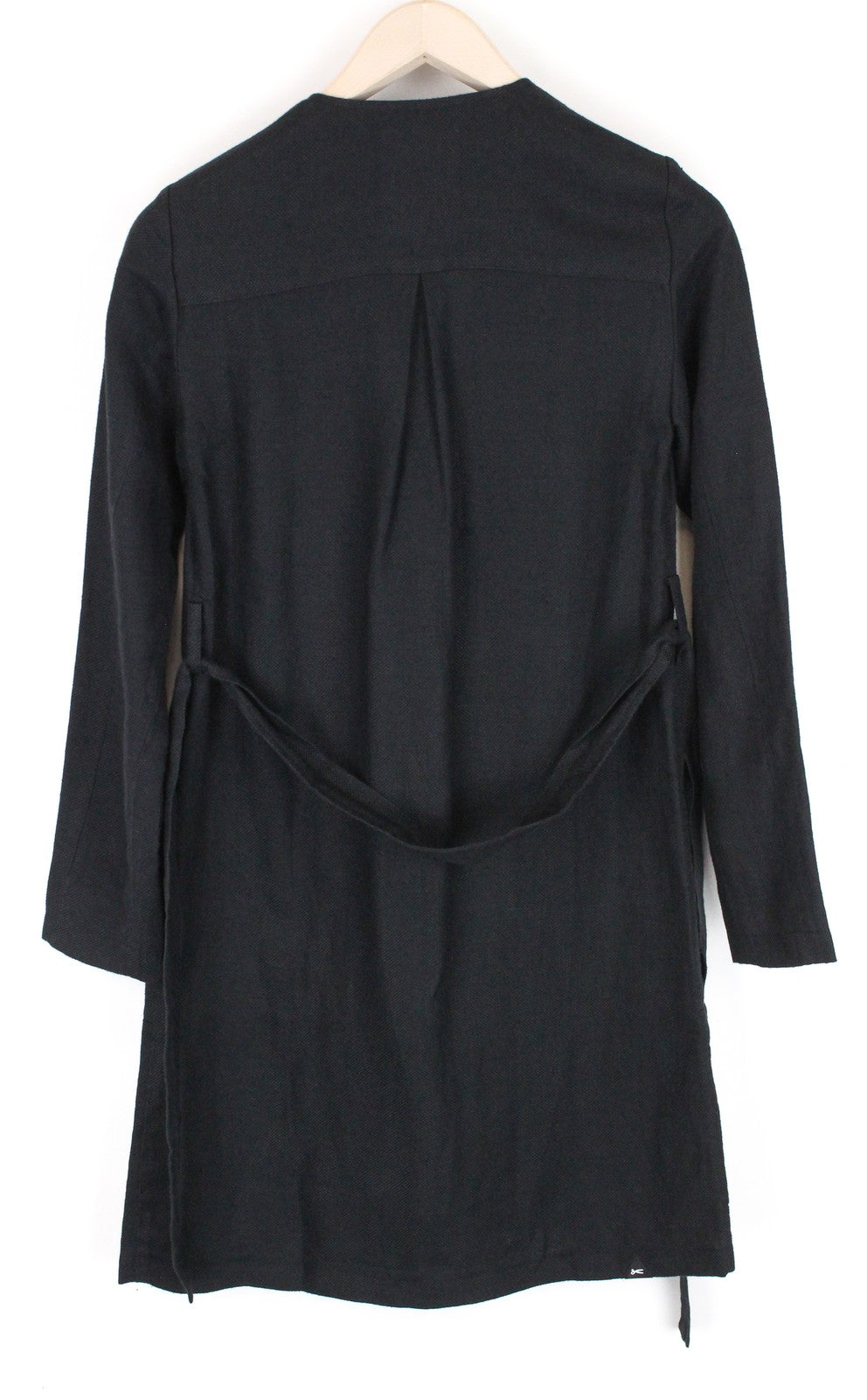 DENHAM Deck moteriškas paltas XS, juodas lininio mišinio, vienaeilis, su diržu, šviesus 