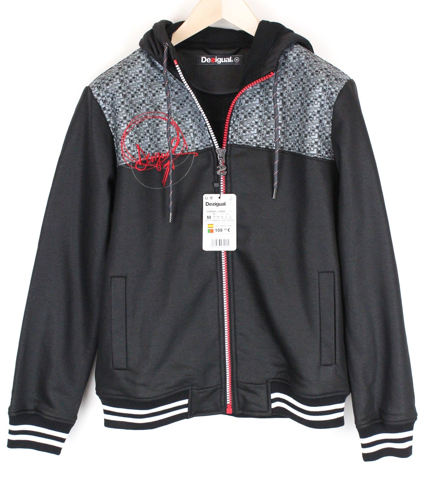 DESIGUAL vyriška striukė L juoda medvilnės mišinio su gobtuvu, užtrauktuku ir ilgomis rankovėmis laisvalaikio stiliaus 