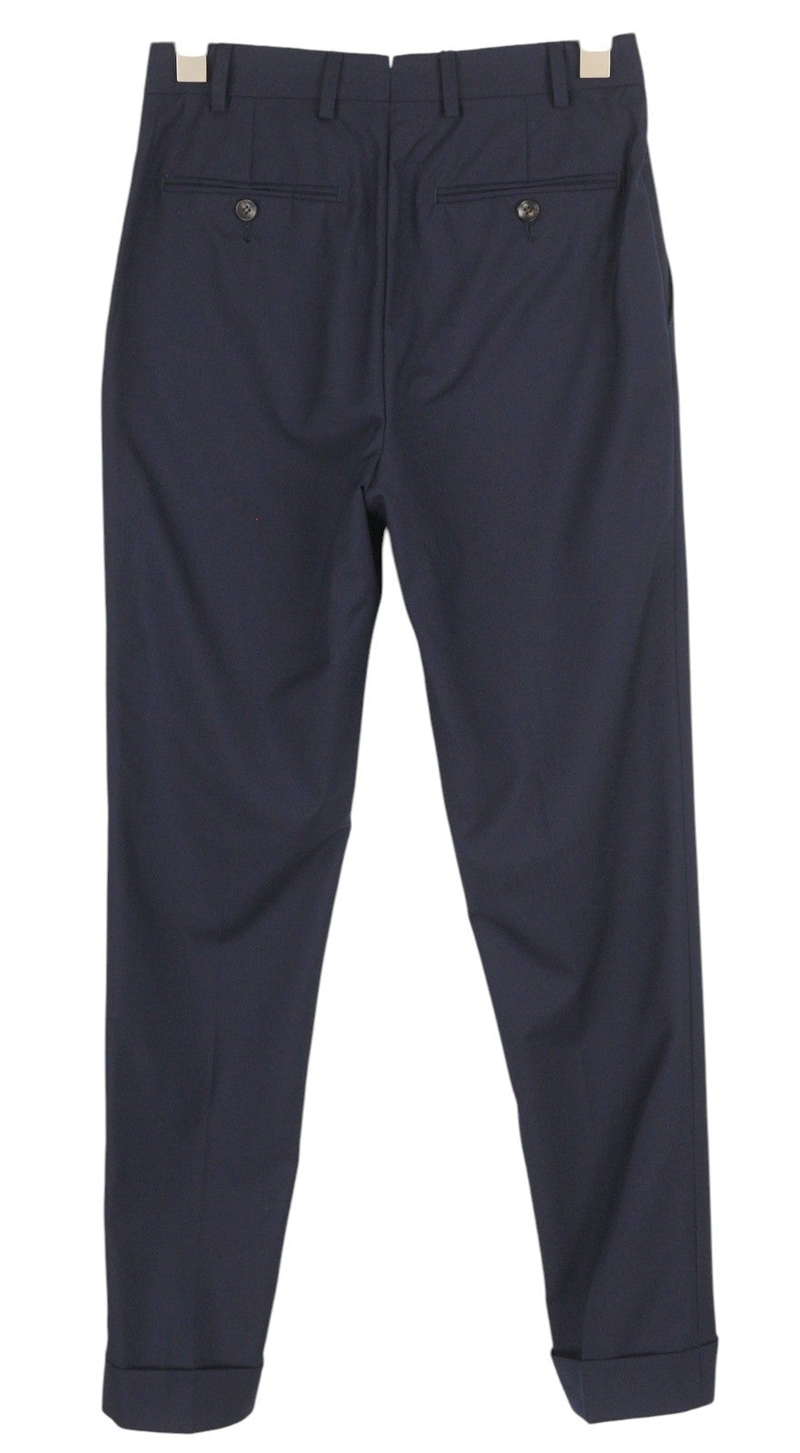 SUITSUPPLY Soho vyriškos kelnės su atlenkiamomis sruogomis, UK26, tamsiai mėlynos, grynos vilnos, S120, siaurėjantis kirpimas 