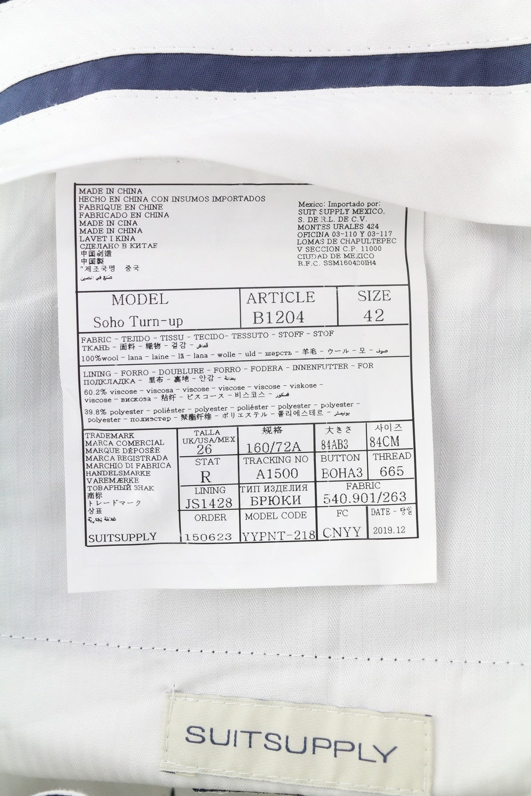 SUITSUPPLY Soho vyriškos kelnės su atlenkiamomis sruogomis, UK26, tamsiai mėlynos, grynos vilnos, S120, siaurėjantis kirpimas 