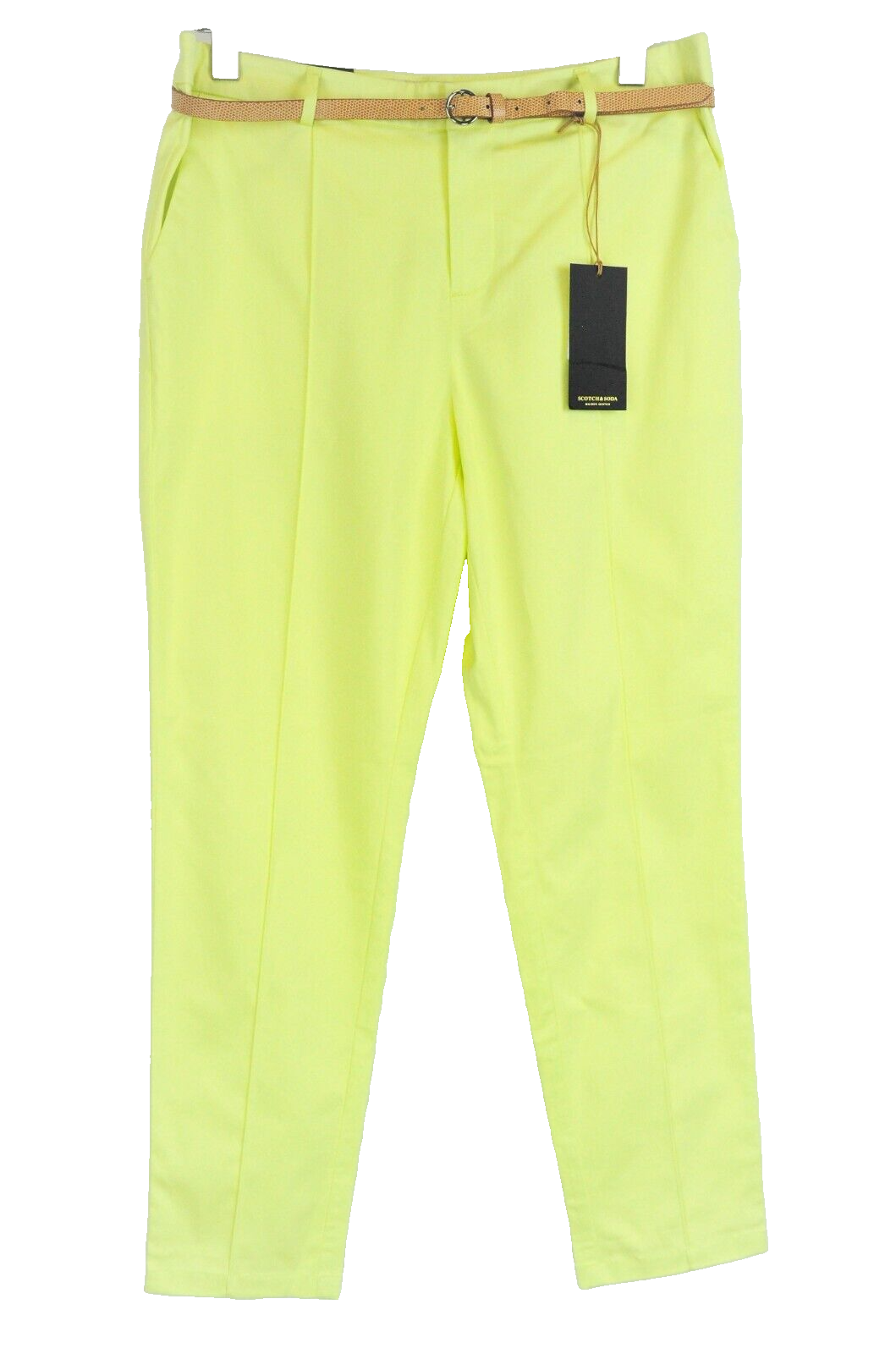 MAISON SCOTCH moteriškos W29/L32 geltonos chino kelnės su diržu, tamprios, klostuotos 