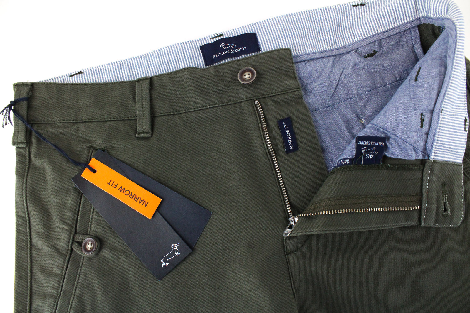 HARMONT &amp; BLAINE vyriškos kelnės IT46 chaki žalios chino stiliaus, siauros, atlenktos*