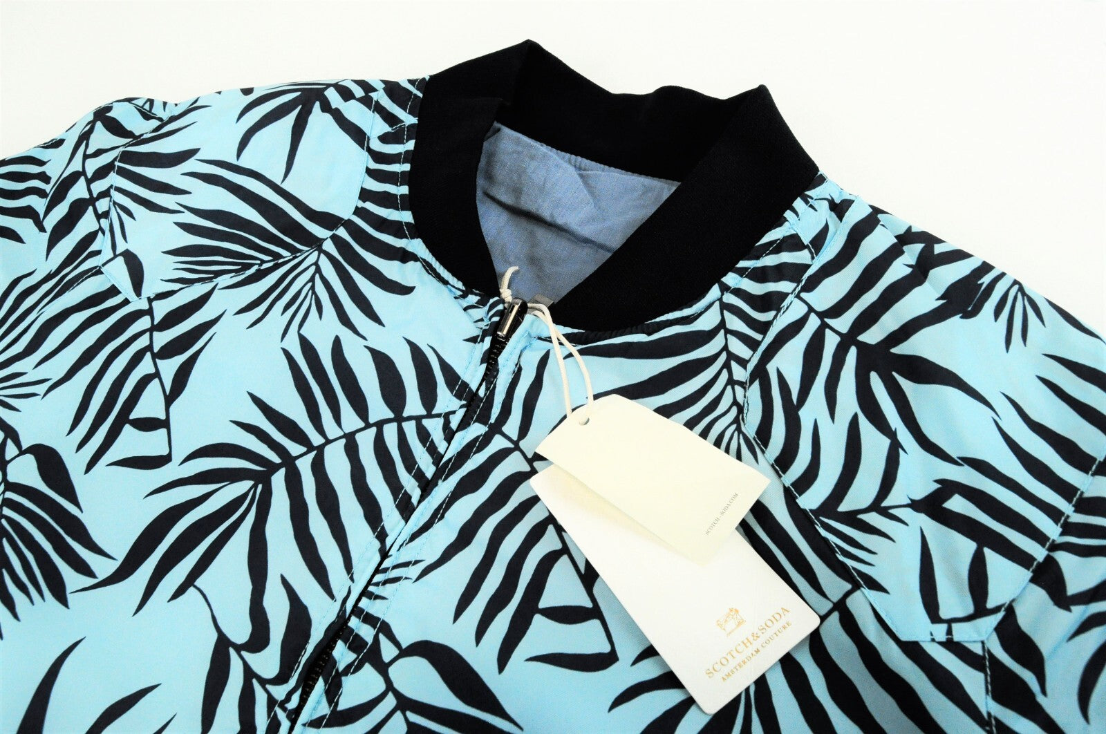 SCOTCH &amp; SODA vyriška XL dydžio dvipusė mėlyna turkio spalvos lininė bomber striukė su palmių raštu 